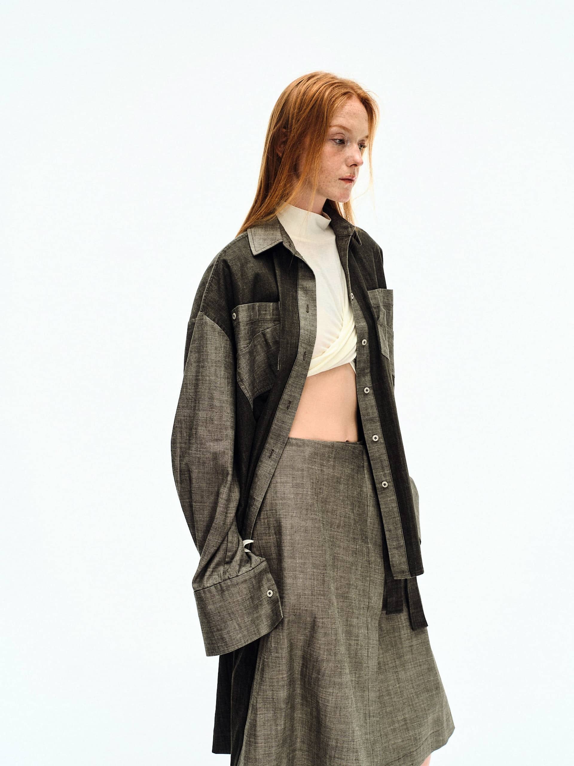 CHARCOAL DENIM WRAP SKIRT made by YIBRI