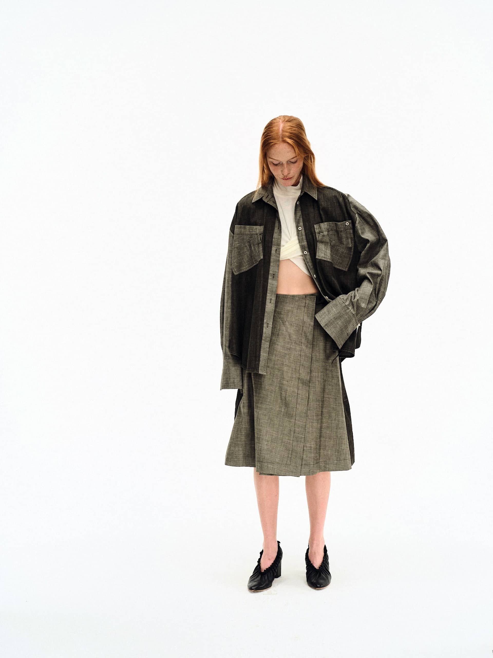 CHARCOAL DENIM WRAP SKIRT made by YIBRI