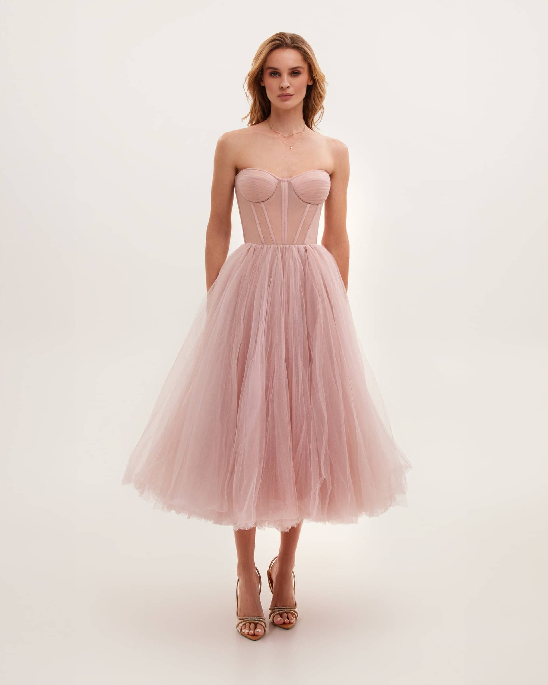 Misty Rose Strapless Puffy Midi Tulle Dress made by Milla