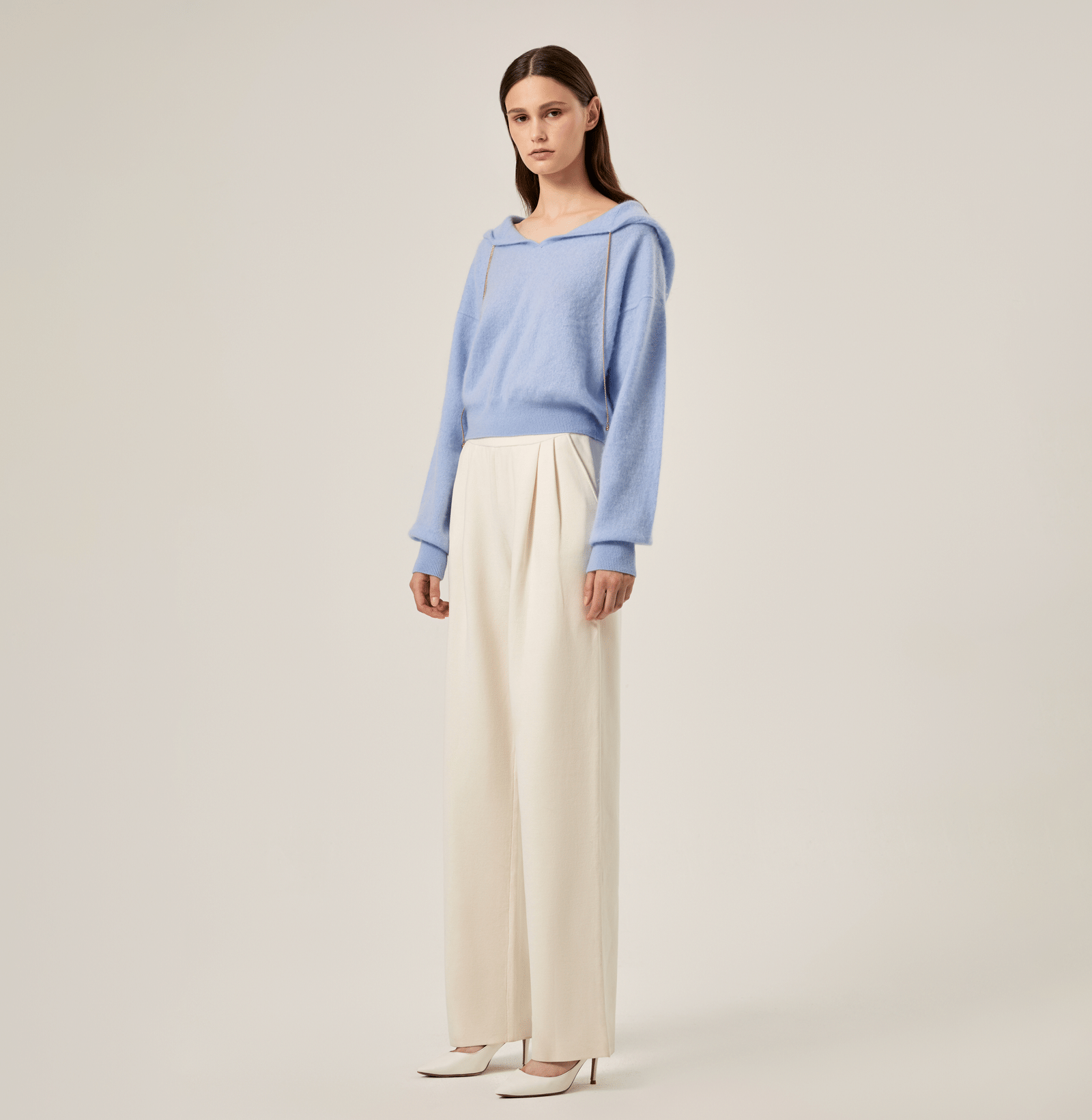 CHAIN DETAILED FLUFFY CASHMERE HOODIE in Blue made by CRUSH Collection