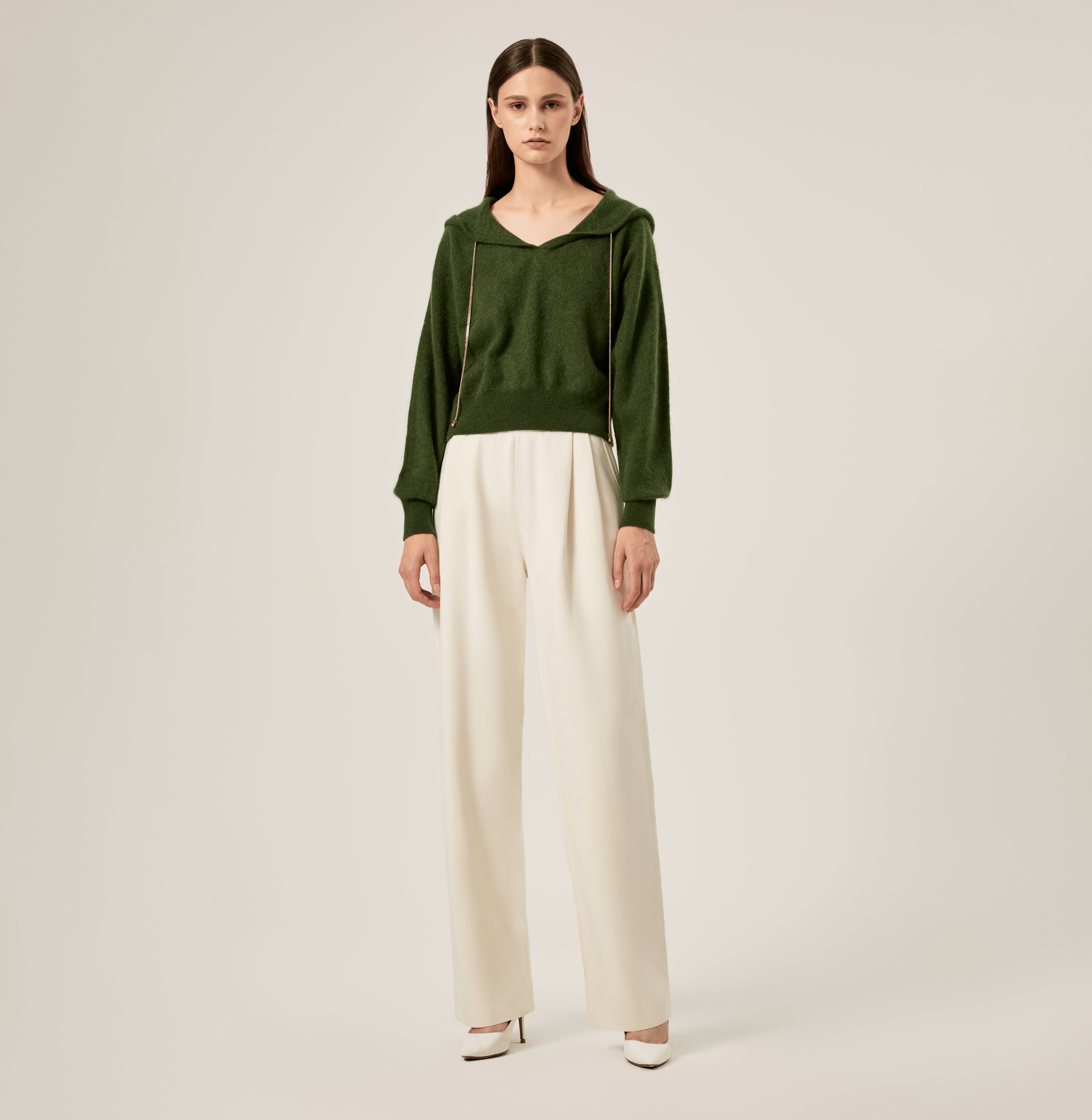 CHAIN DETAILED FLUFFY CASHMERE HOODIE in Green made by CRUSH Collection