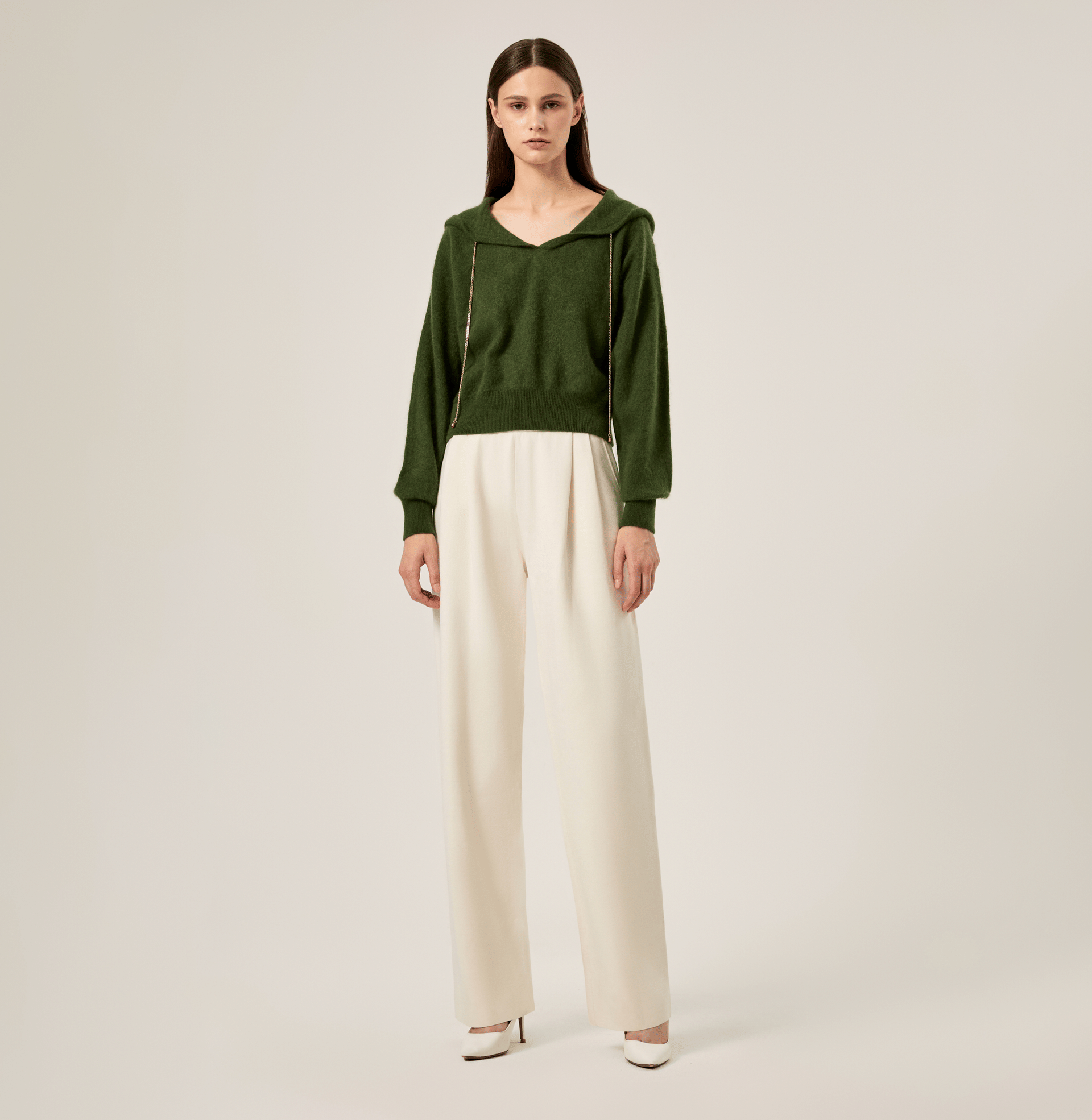 CHAIN DETAILED FLUFFY CASHMERE HOODIE in Green made by CRUSH Collection