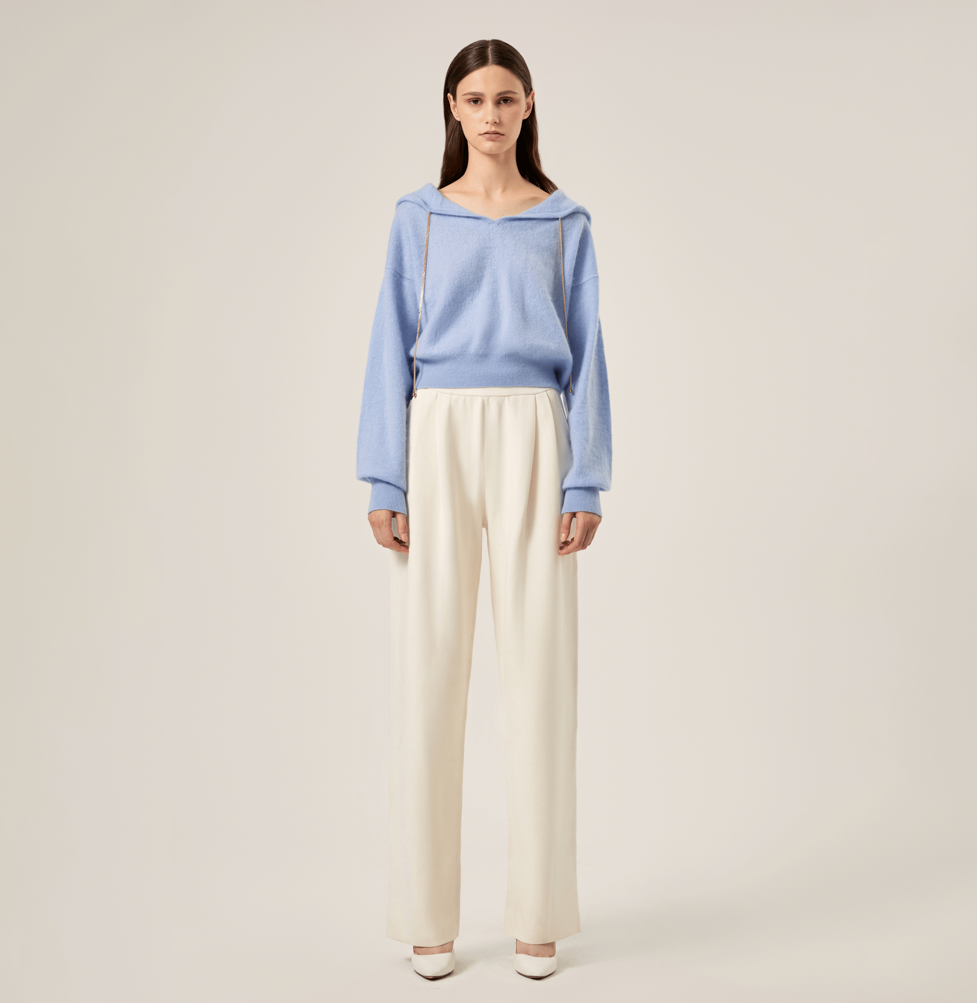 CHAIN DETAILED FLUFFY CASHMERE HOODIE in Blue made by CRUSH Collection