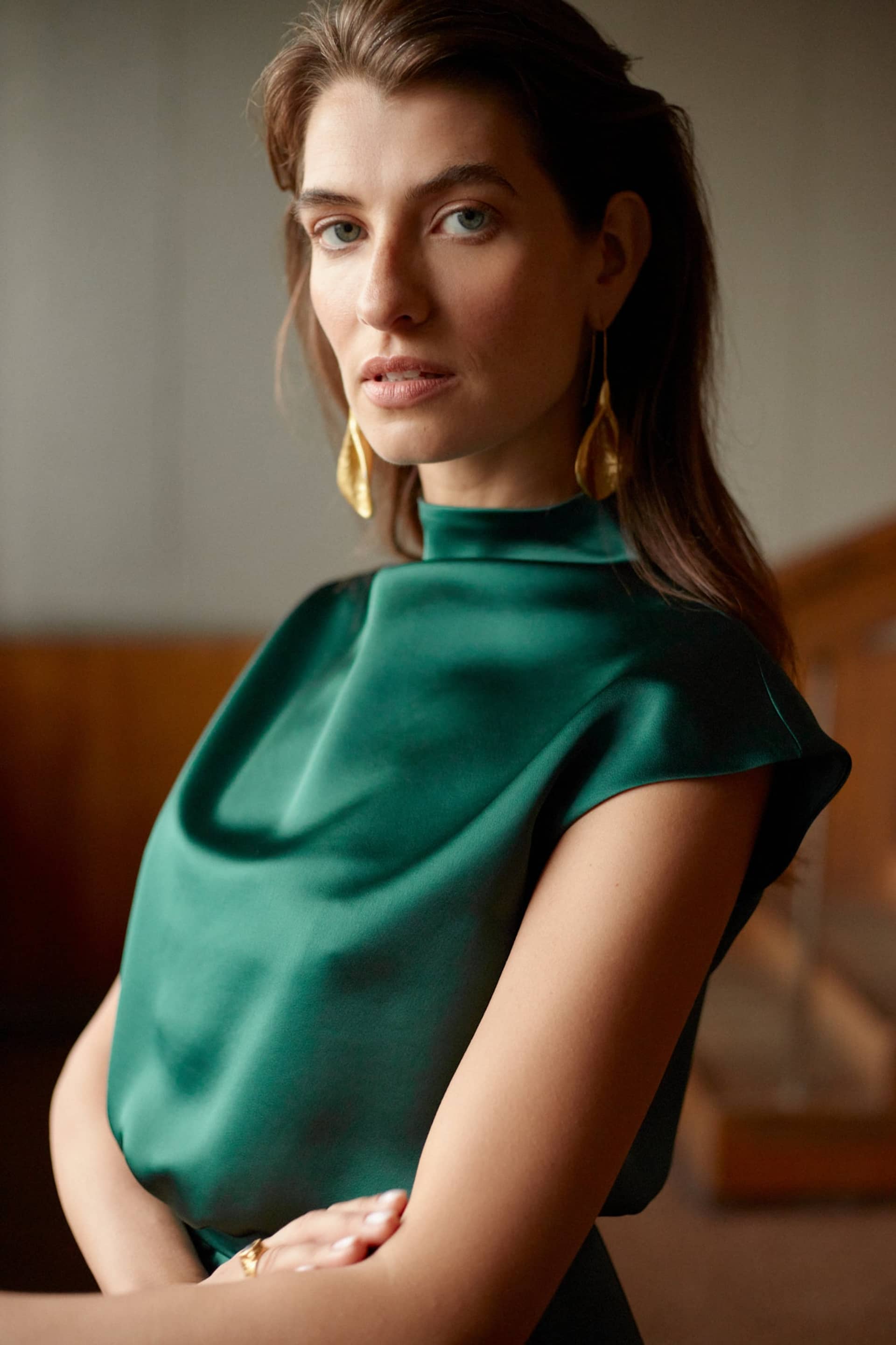 TESSA green satin kimono sleeves cocktail dress made by UNDRESS