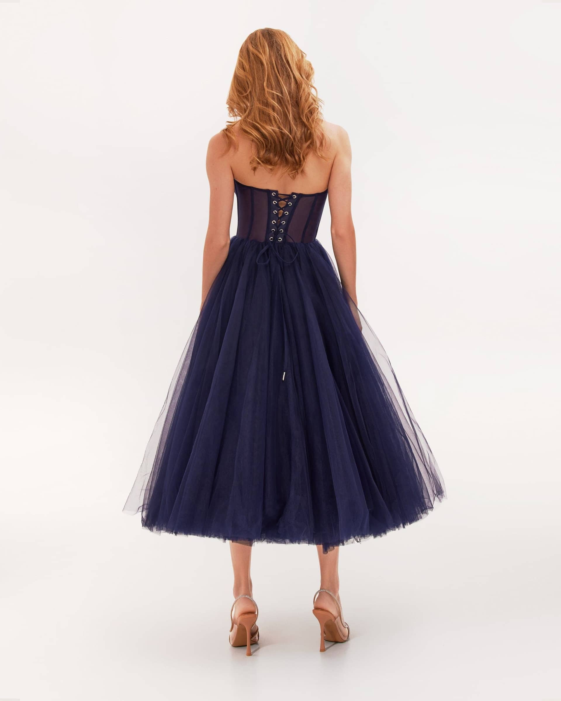Navy Strapless Puffy Midi Tulle Dress made by Milla