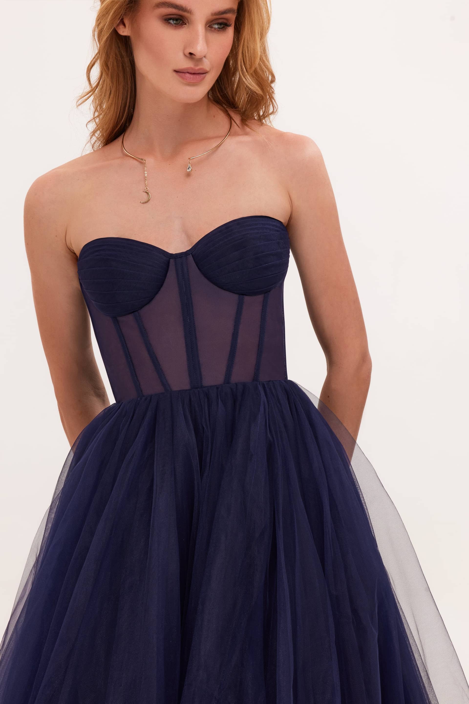 Navy Strapless Puffy Midi Tulle Dress made by Milla
