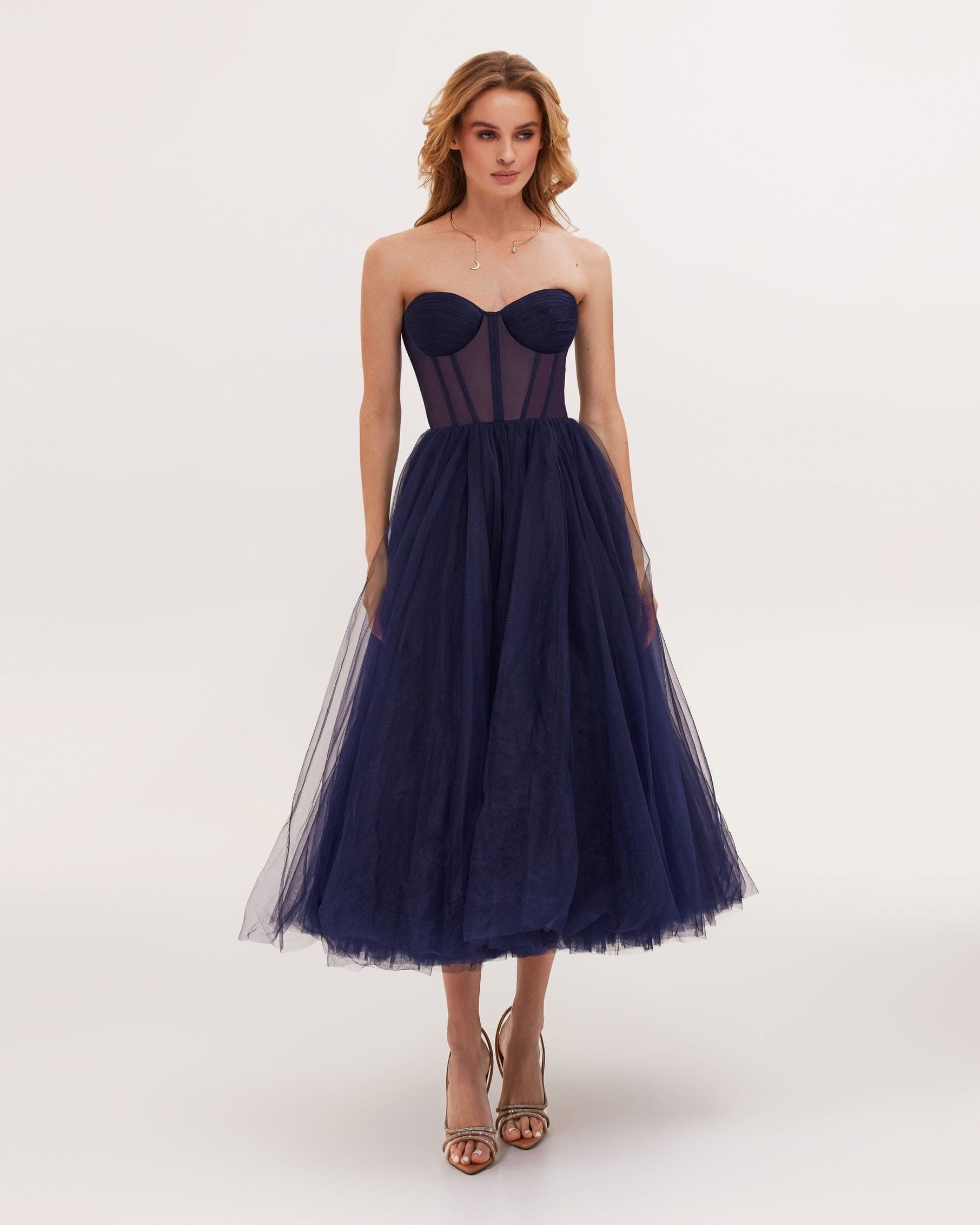 Navy Strapless Puffy Midi Tulle Dress made by Milla