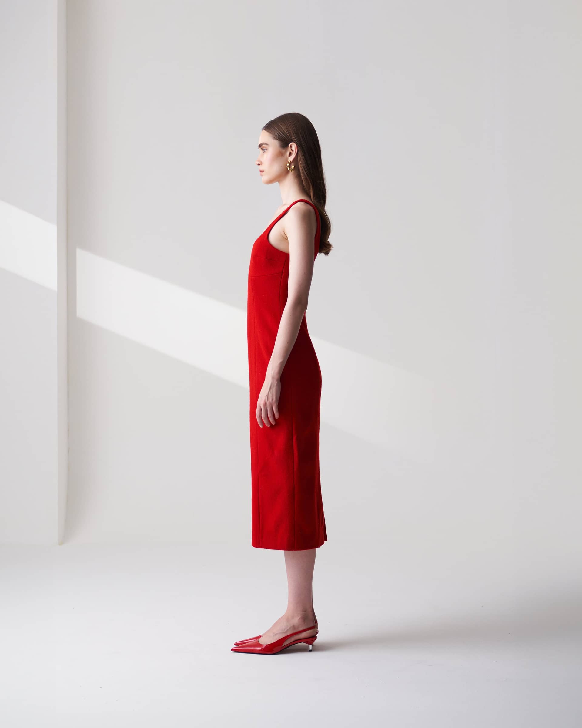 Wool Blend Midi Dress In Red made by Szabo Sihag