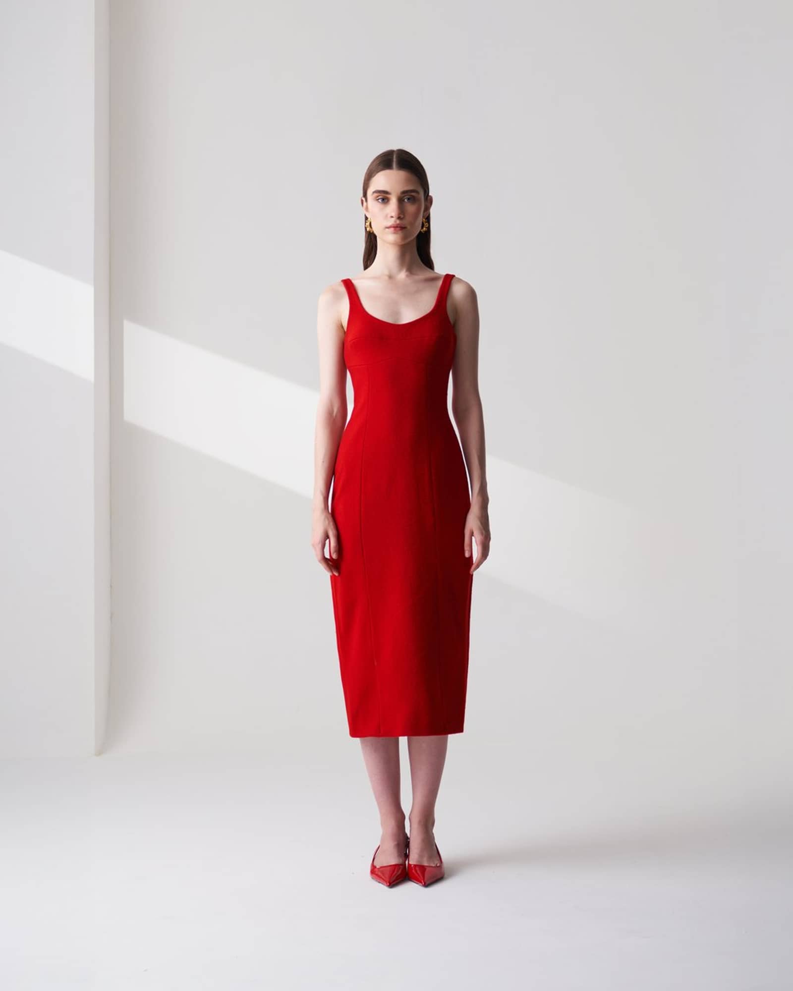Wool Blend Midi Dress In Red made by Szabo Sihag