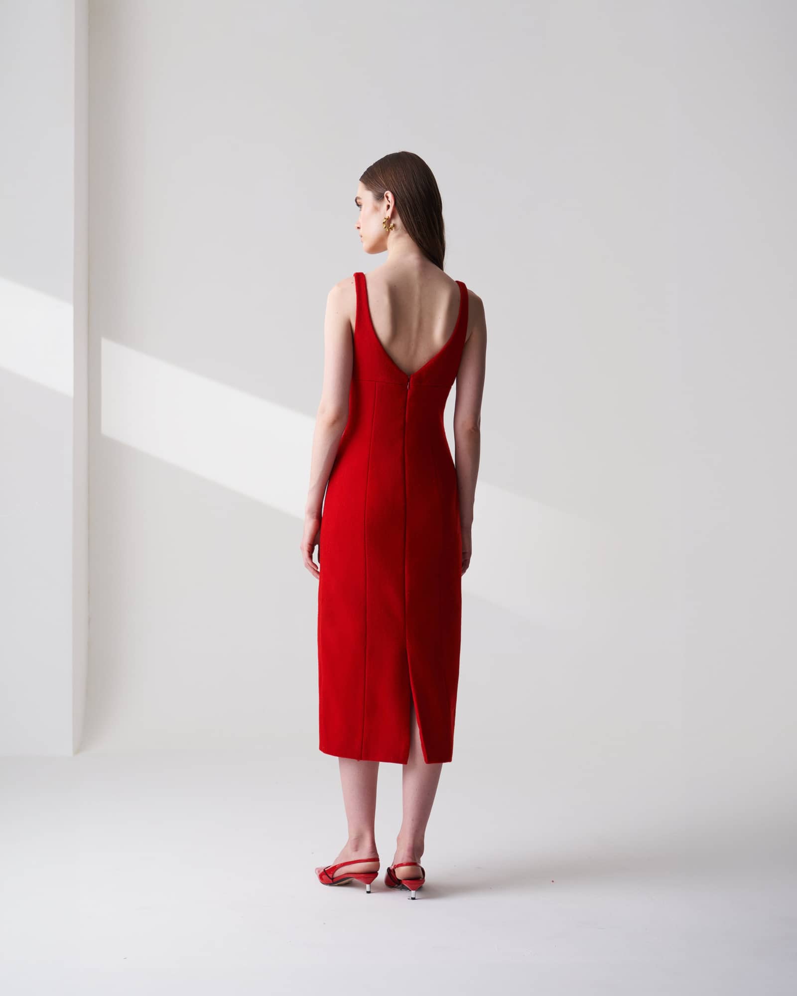 Wool Blend Midi Dress In Red made by Szabo Sihag