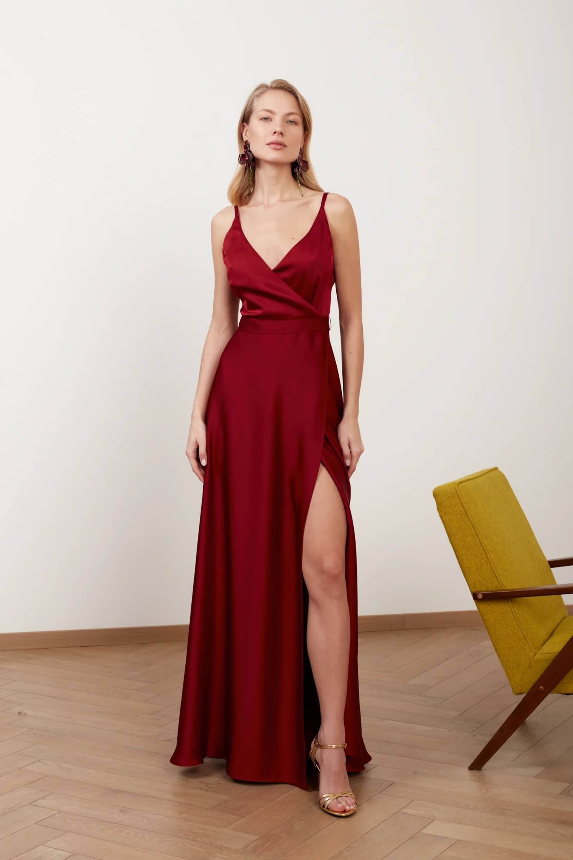 FREYA burgundy red satin maxi wedding guest dress made by UNDRESS