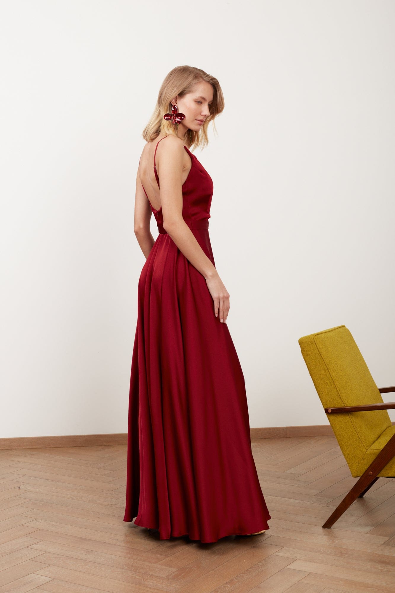 FREYA burgundy red satin maxi wedding guest dress made by UNDRESS