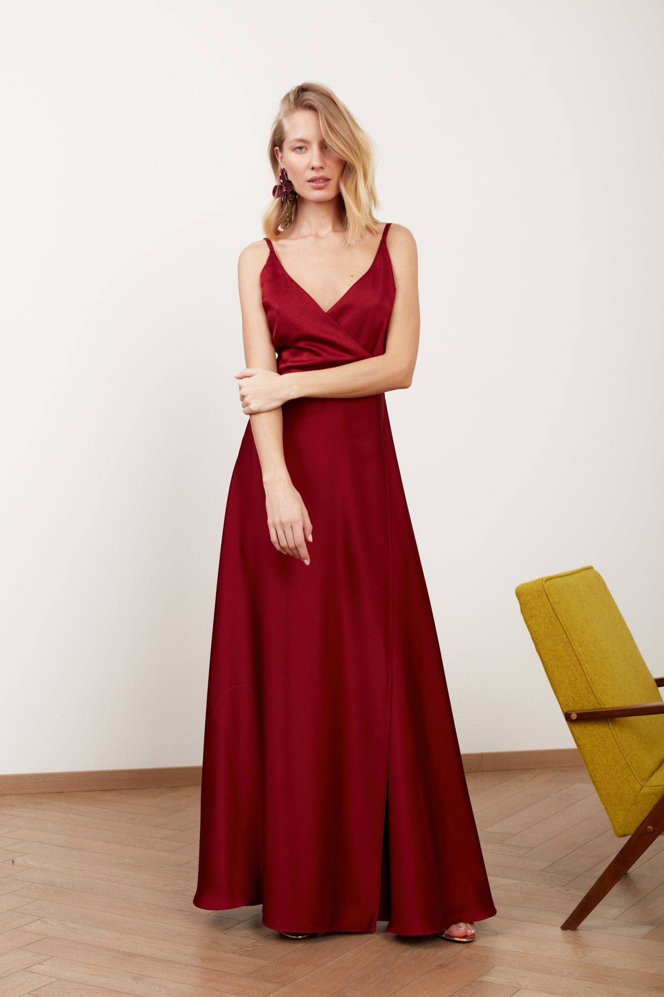 FREYA burgundy red satin maxi wedding guest dress made by UNDRESS