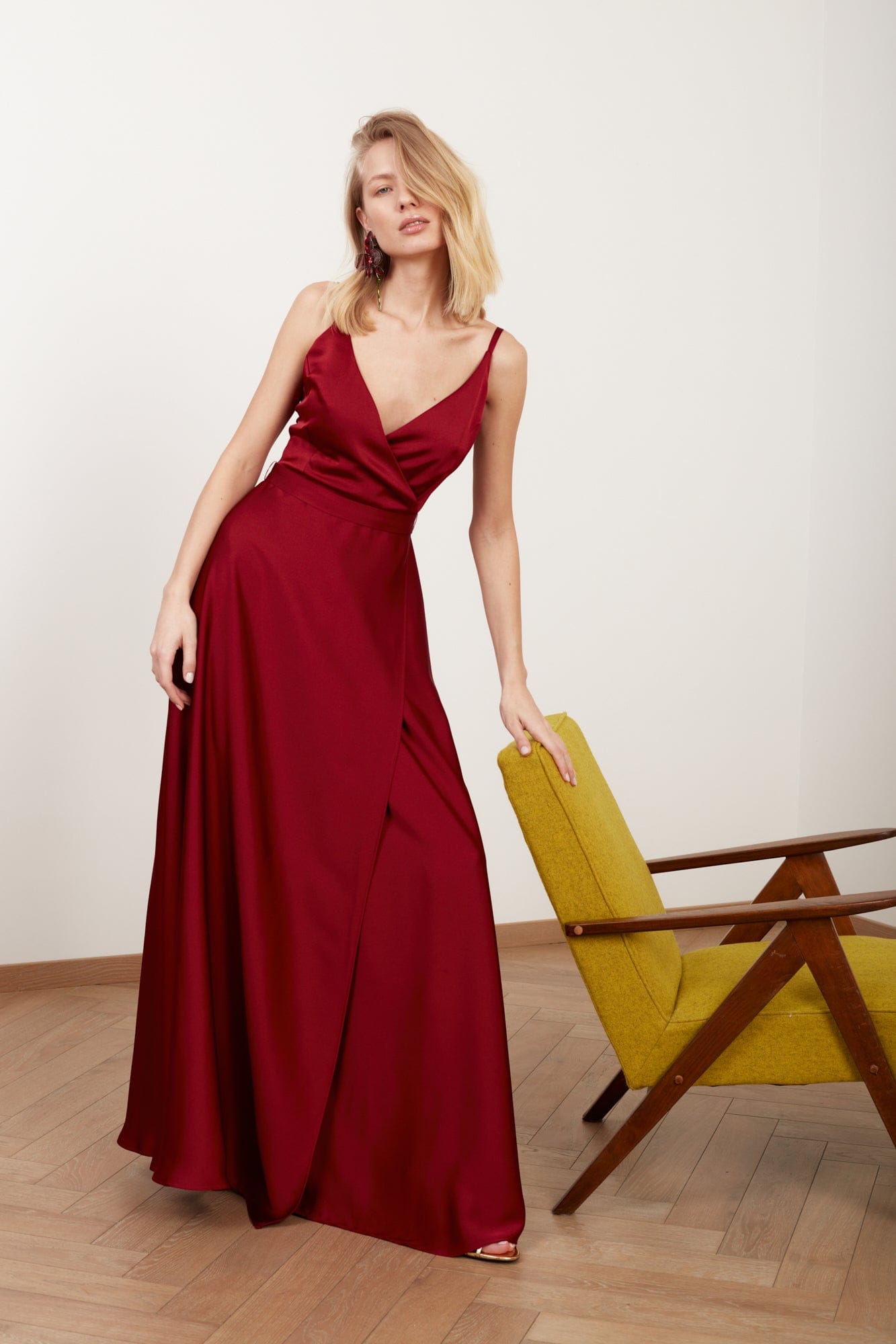 FREYA burgundy red satin maxi wedding guest dress made by UNDRESS
