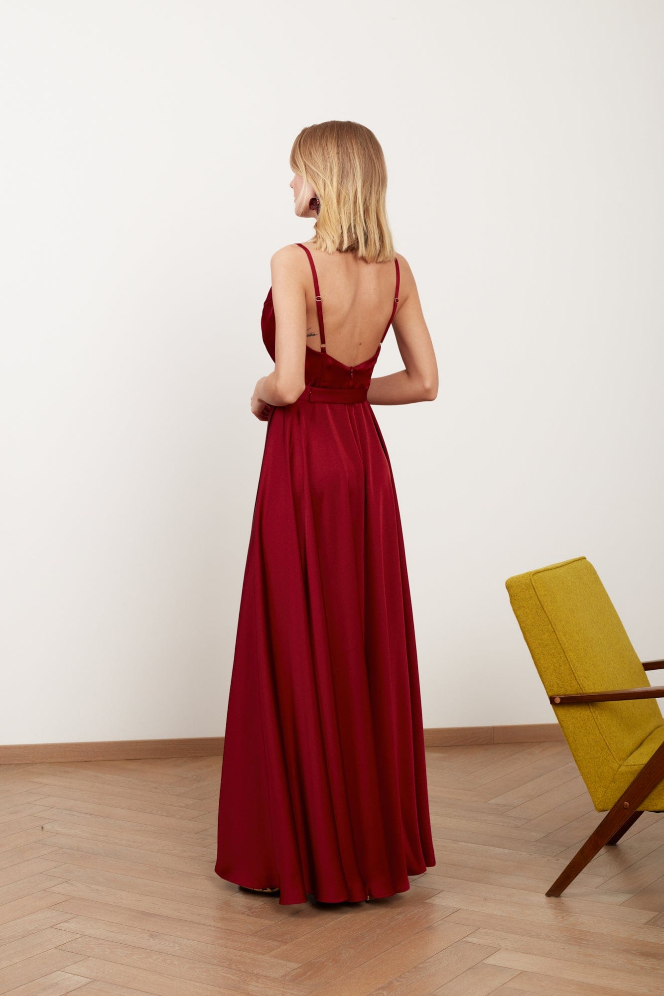 FREYA burgundy red satin maxi wedding guest dress made by UNDRESS