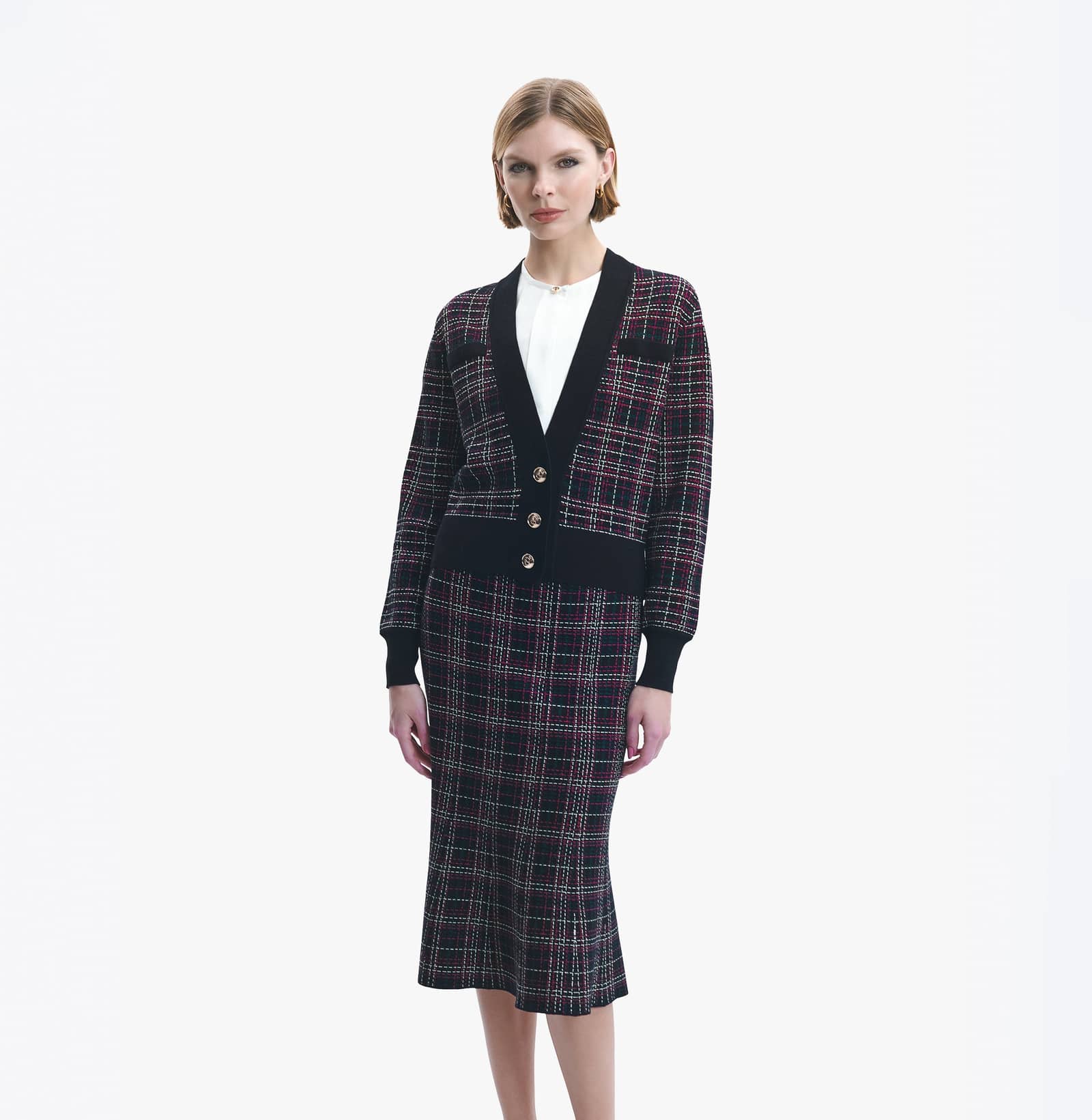 JACQUARD CHECKED V-NECK CARDIGAN in Multi color made by CRUSH Collection