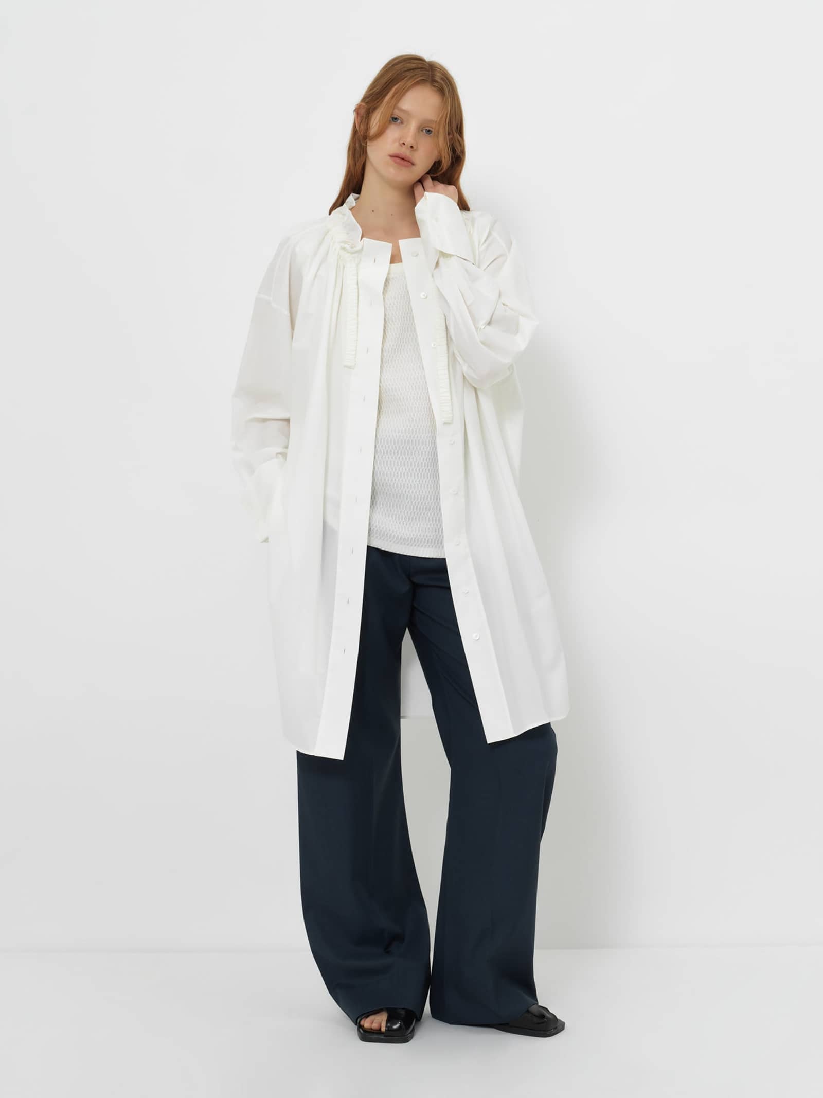 RUCHED COLLAR LONG SHIRT made by YIBRI