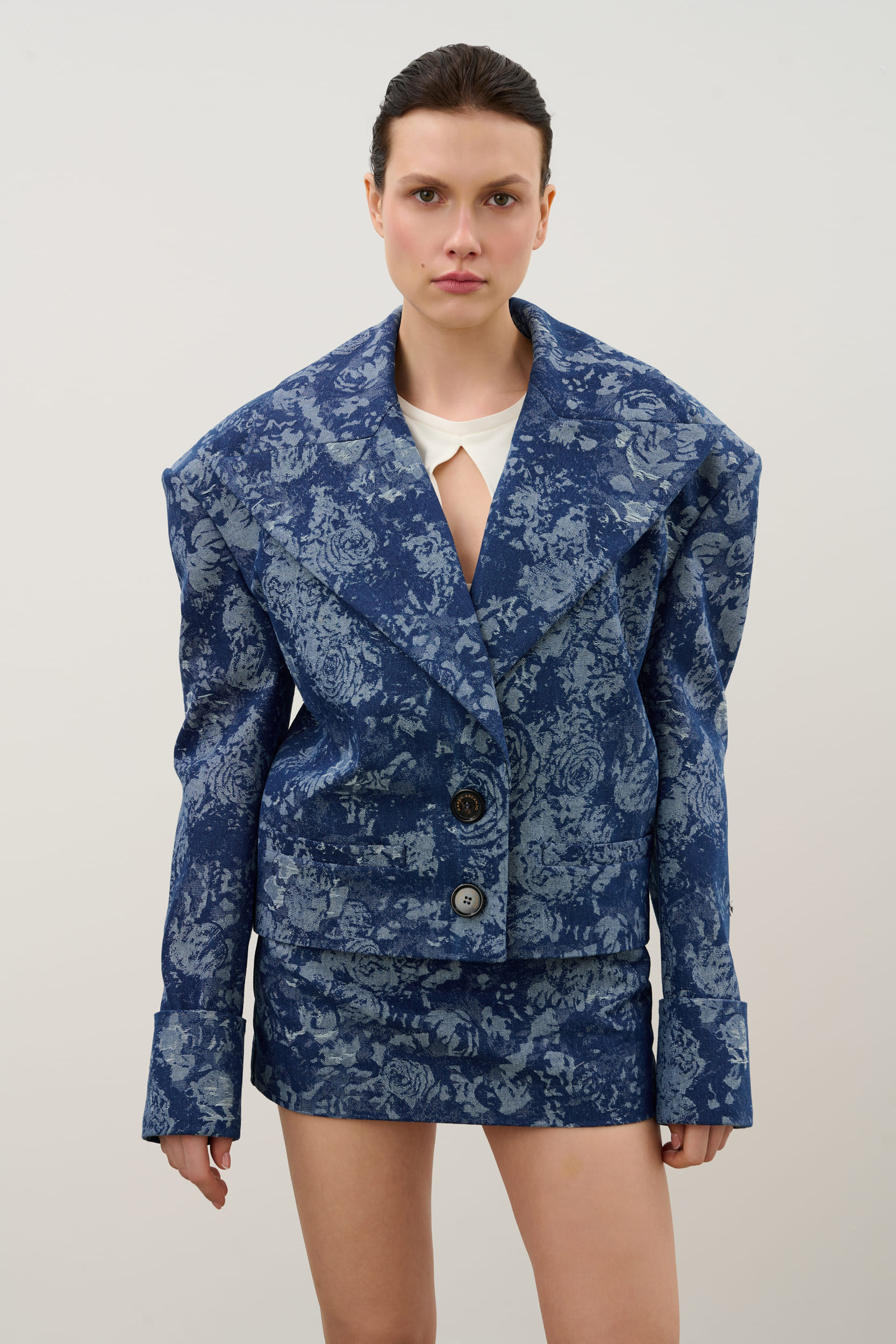 Navy denim jacket made by Karen Arcanjo