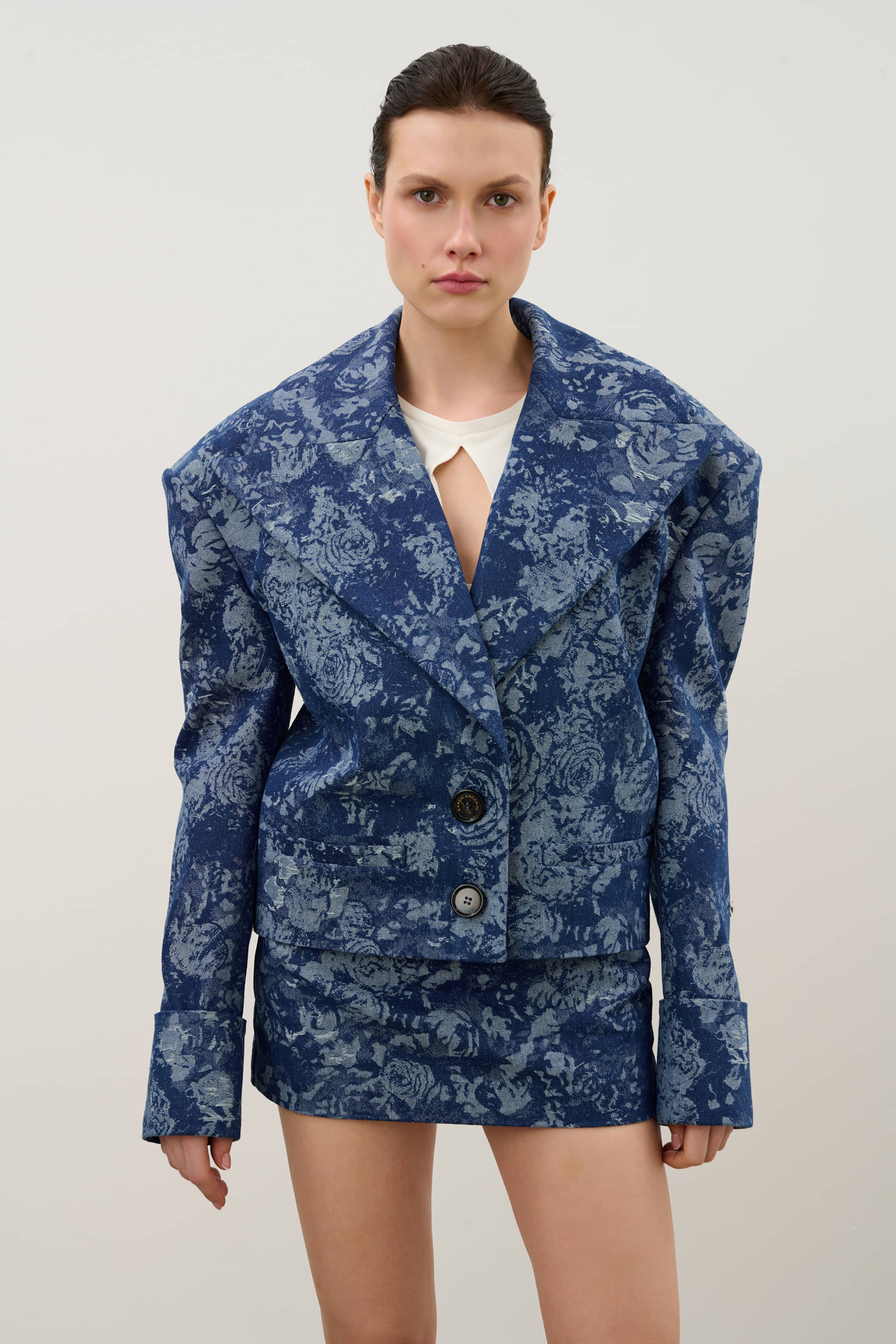 Navy denim jacket made by Karen Arcanjo