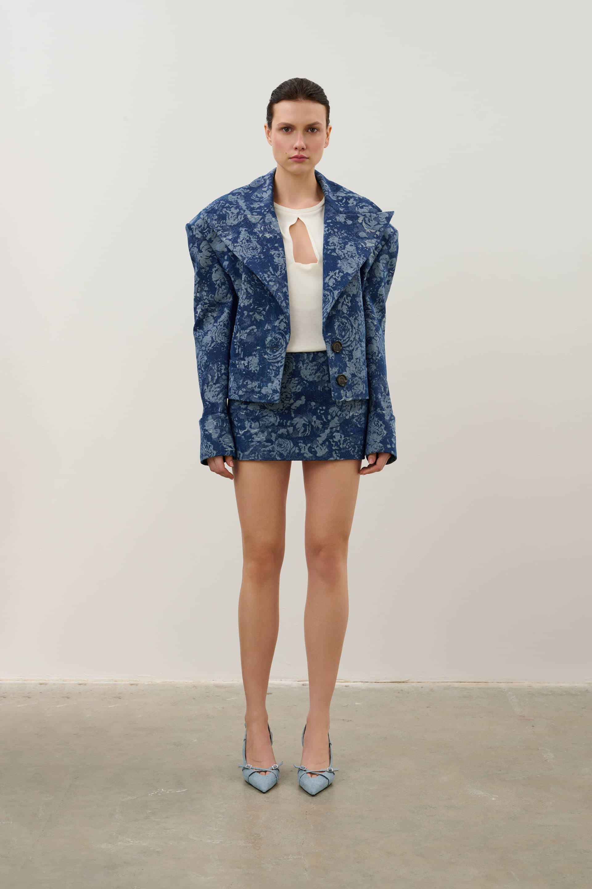 Navy denim jacket made by Karen Arcanjo