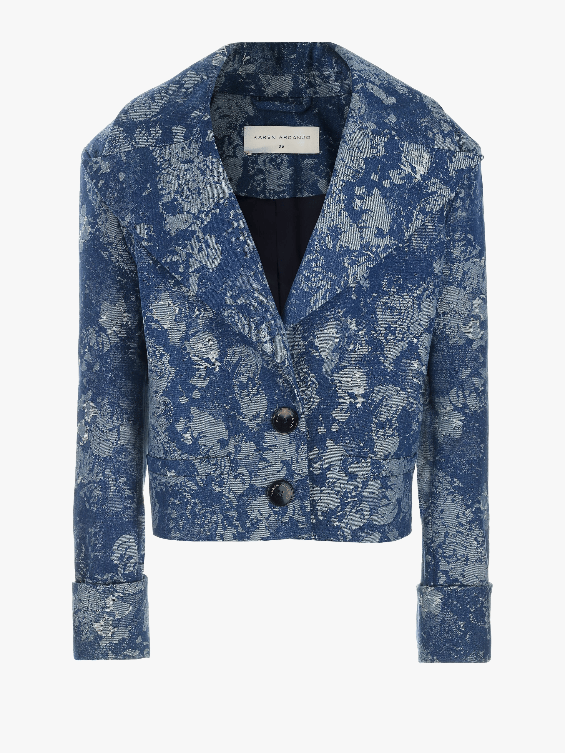 Navy denim jacket made by Karen Arcanjo