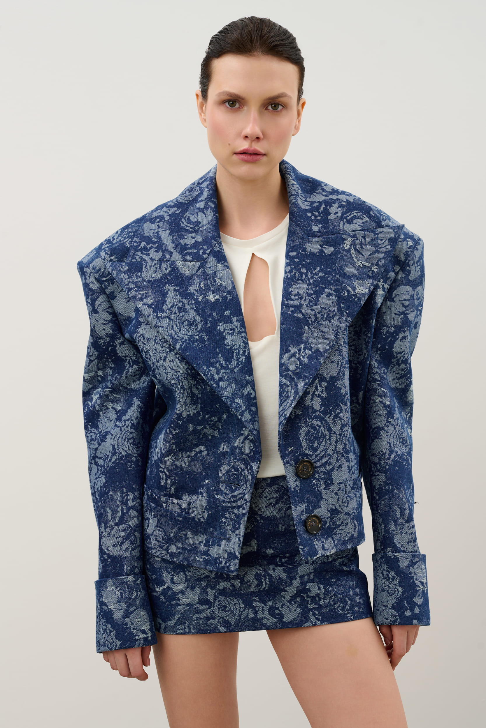 Navy denim jacket made by Karen Arcanjo