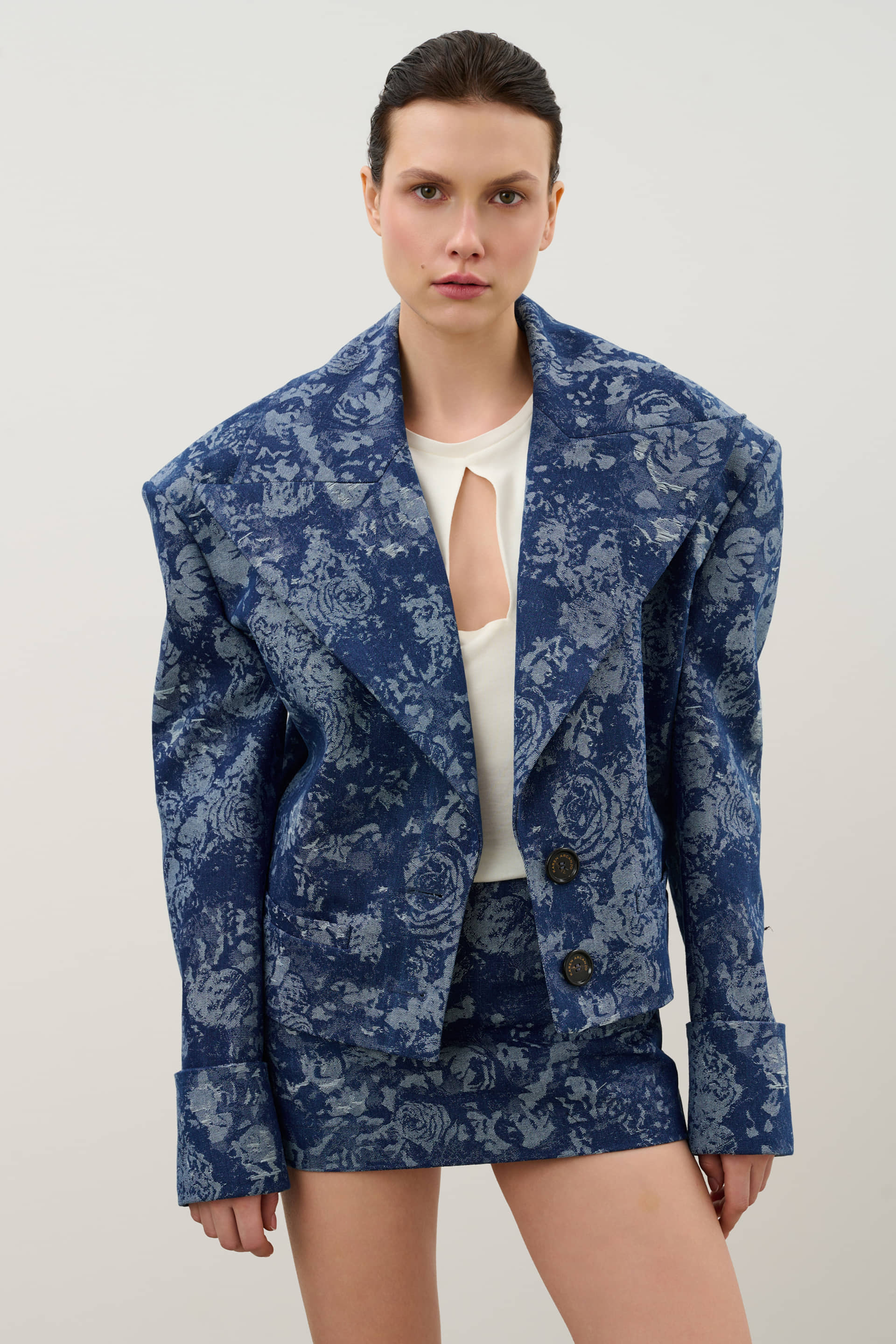 Navy denim jacket made by Karen Arcanjo