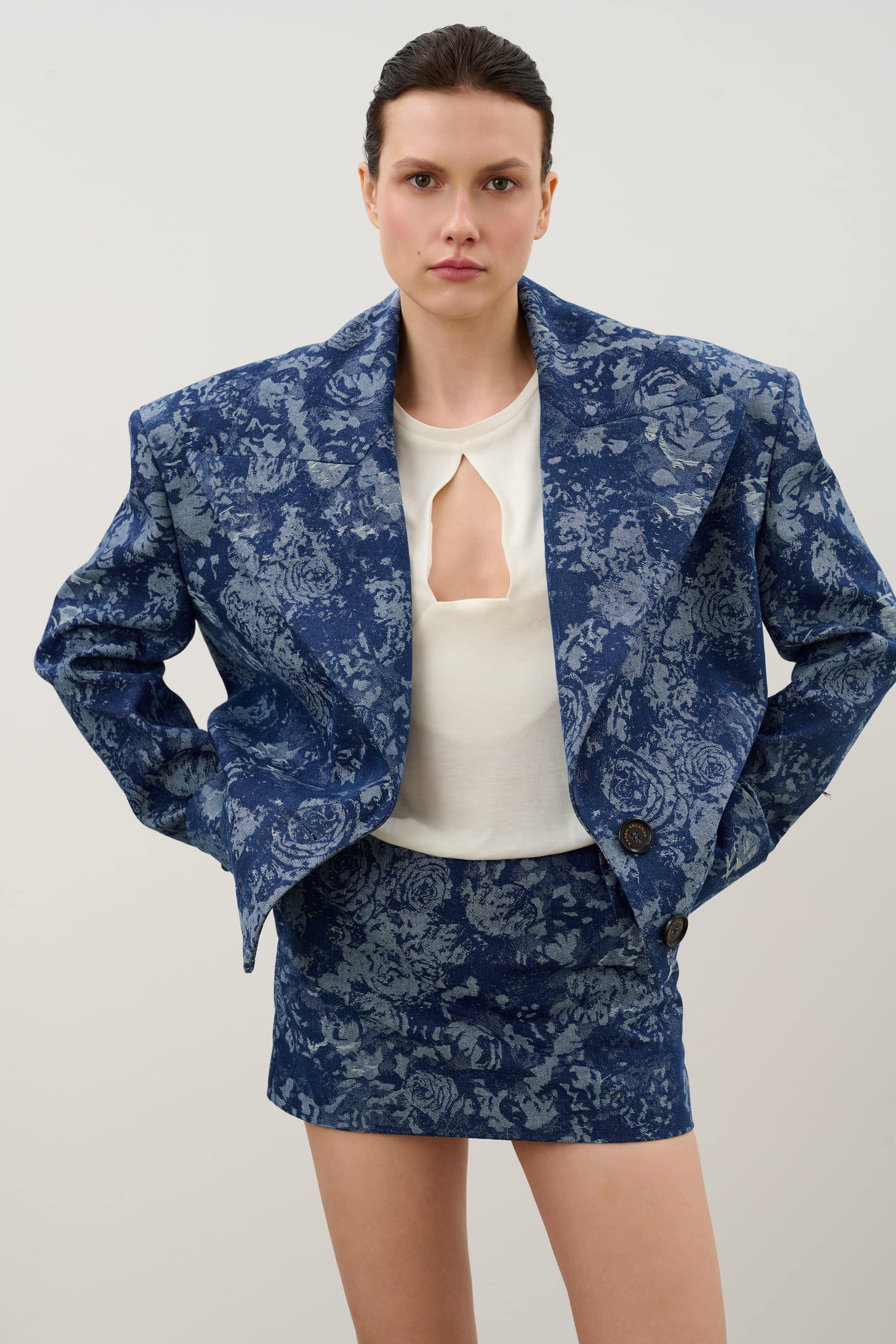 Navy denim jacket made by Karen Arcanjo