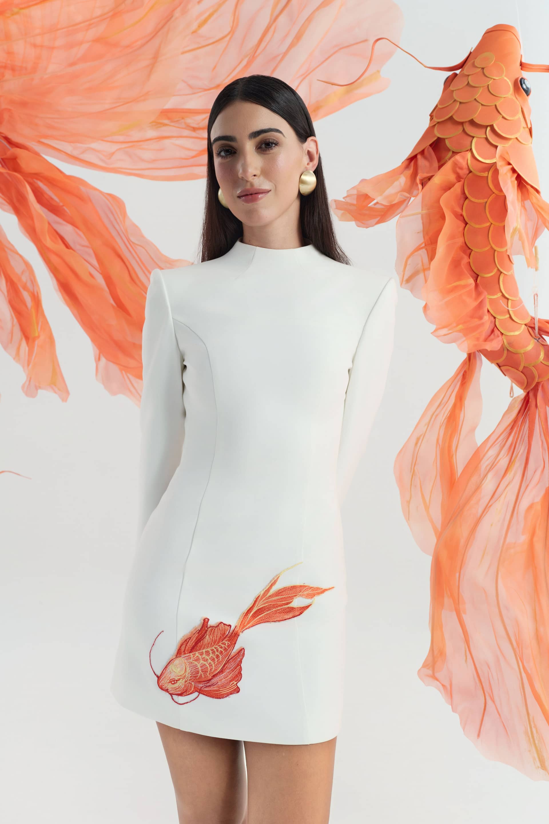 Fogveil Long Sleeve Dress In White made by JUSTIN TONG