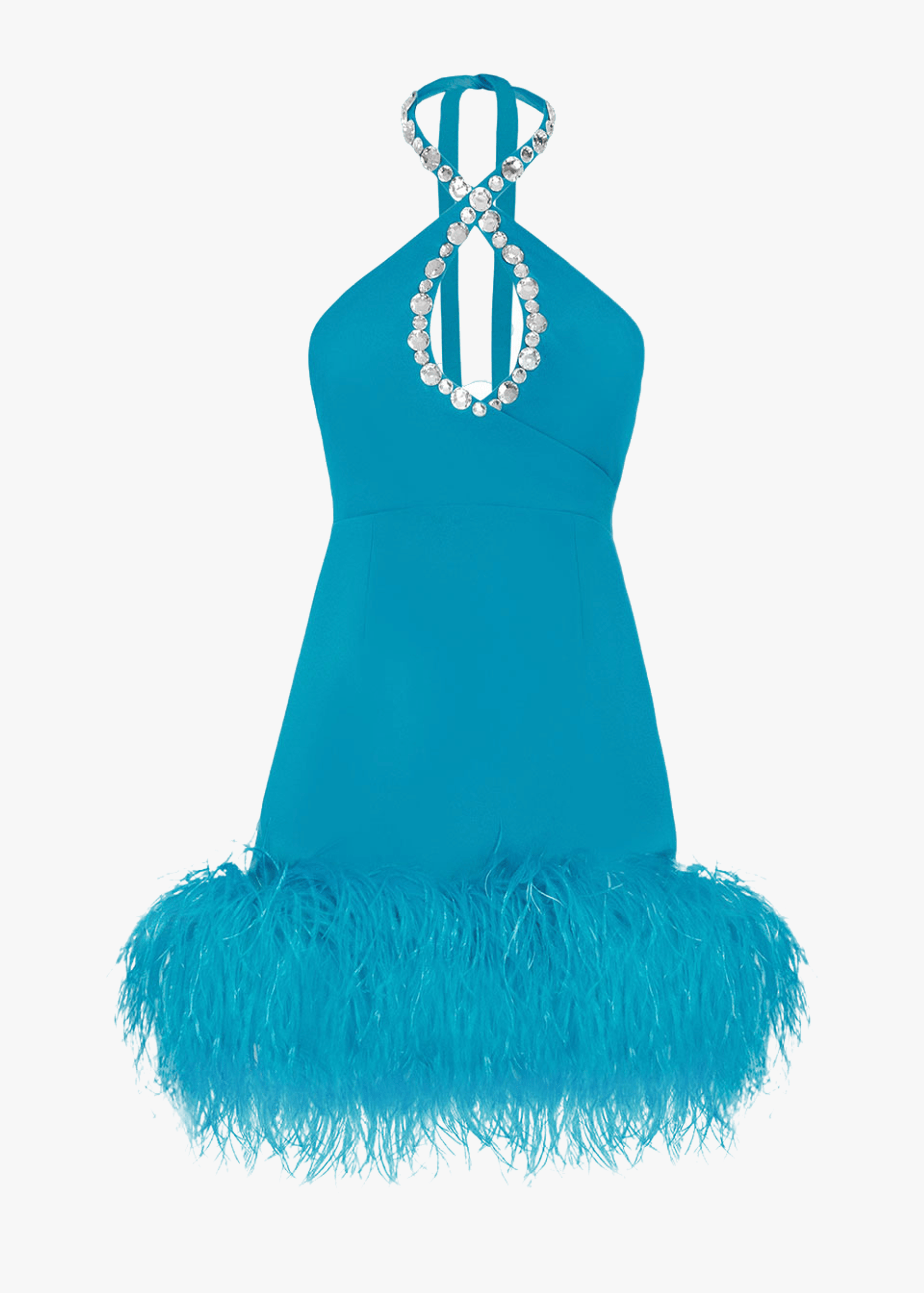 Mia feather-embellished blue mini dress made by Monika Dimova