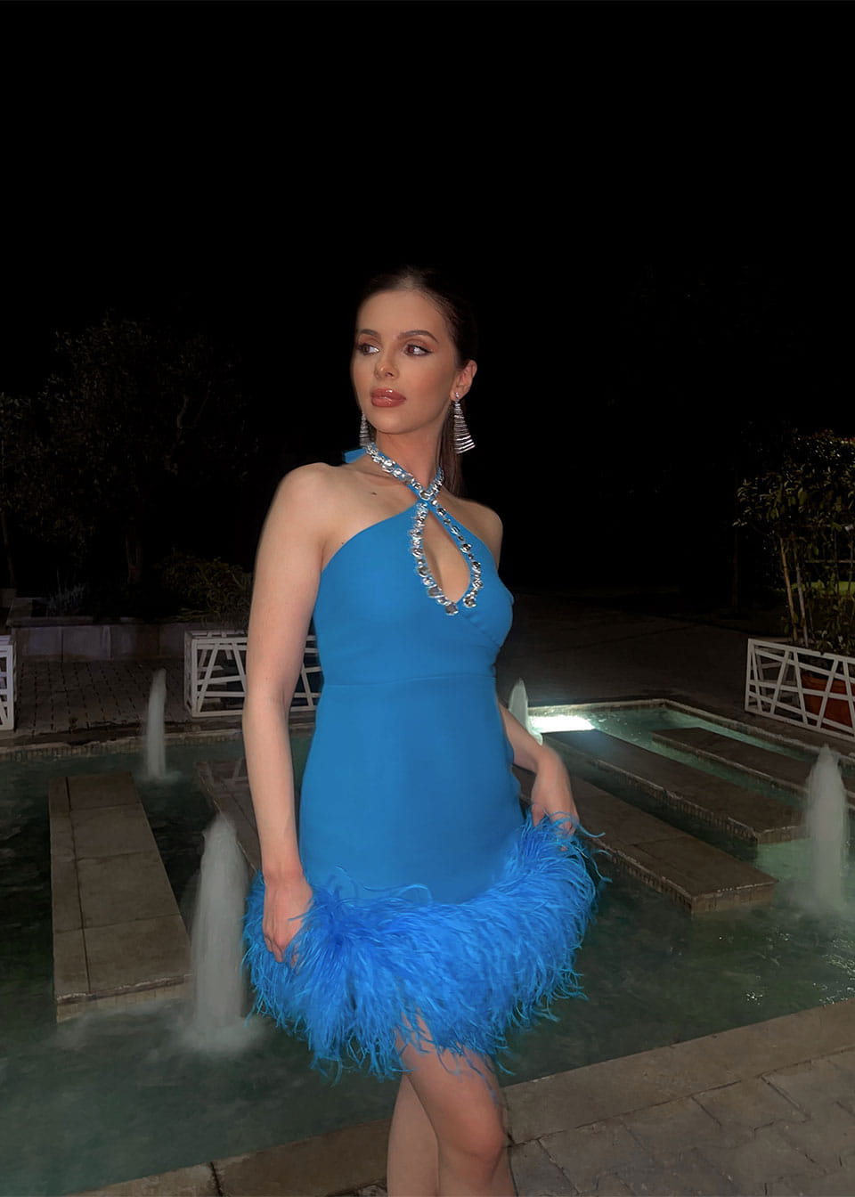 Mia feather-embellished blue mini dress made by Monika Dimova