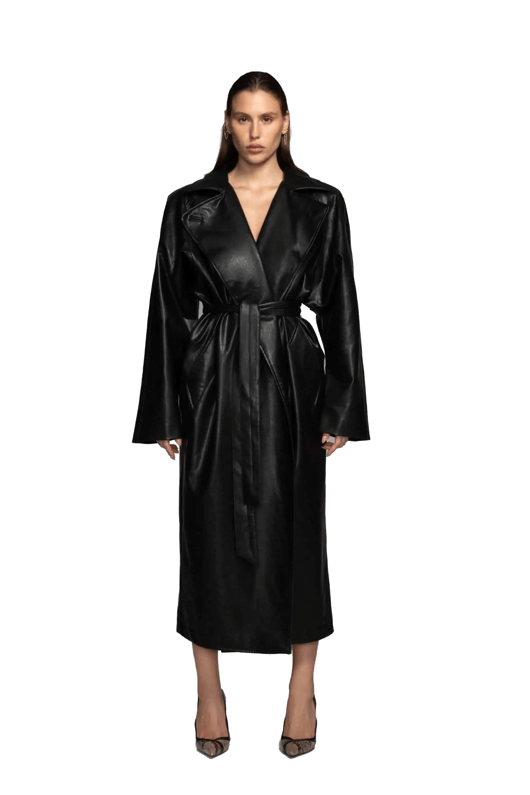 Vegan leather maxi trench coat made by AFTERHOURS