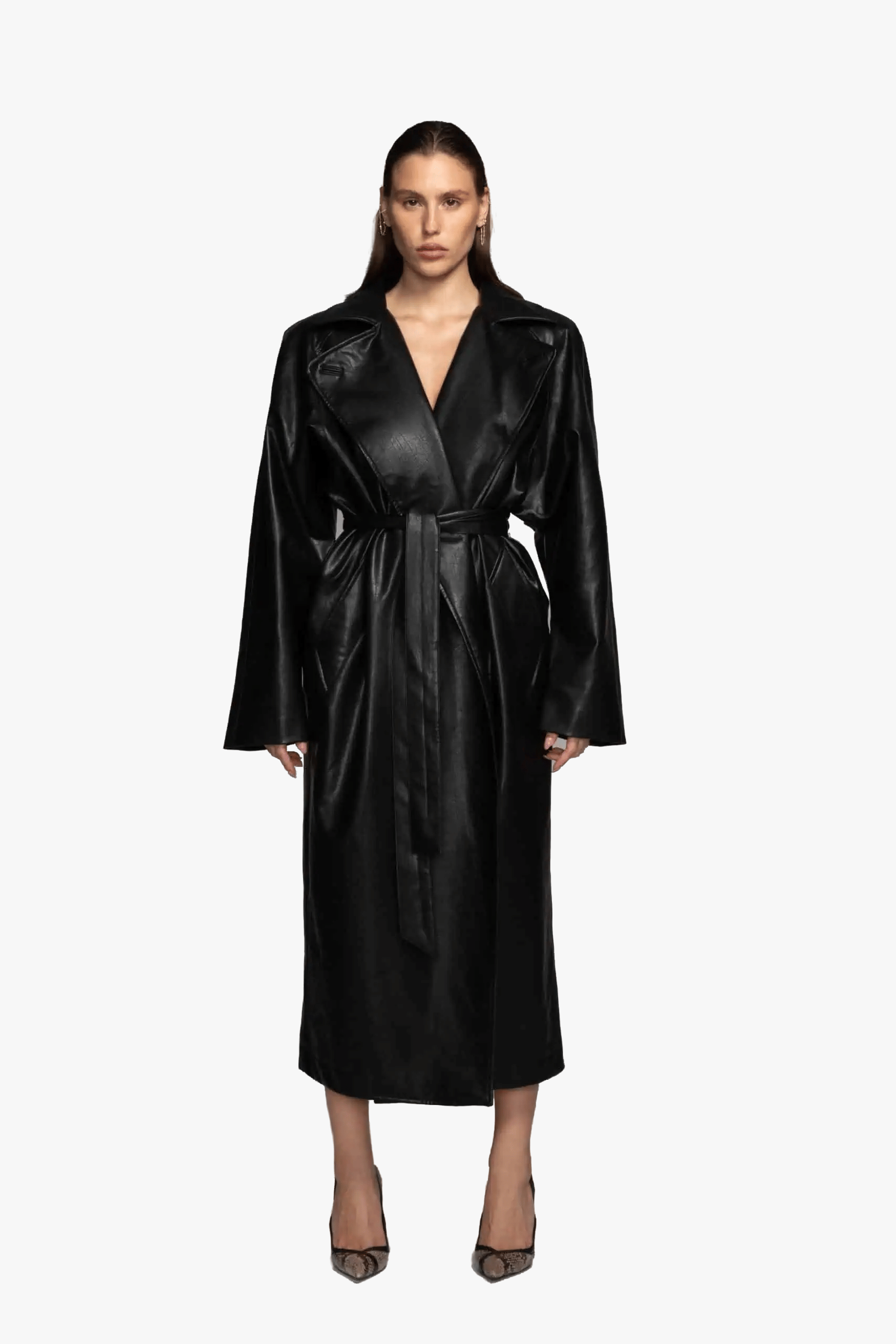 Vegan leather maxi trench coat made by AFTERHOURS