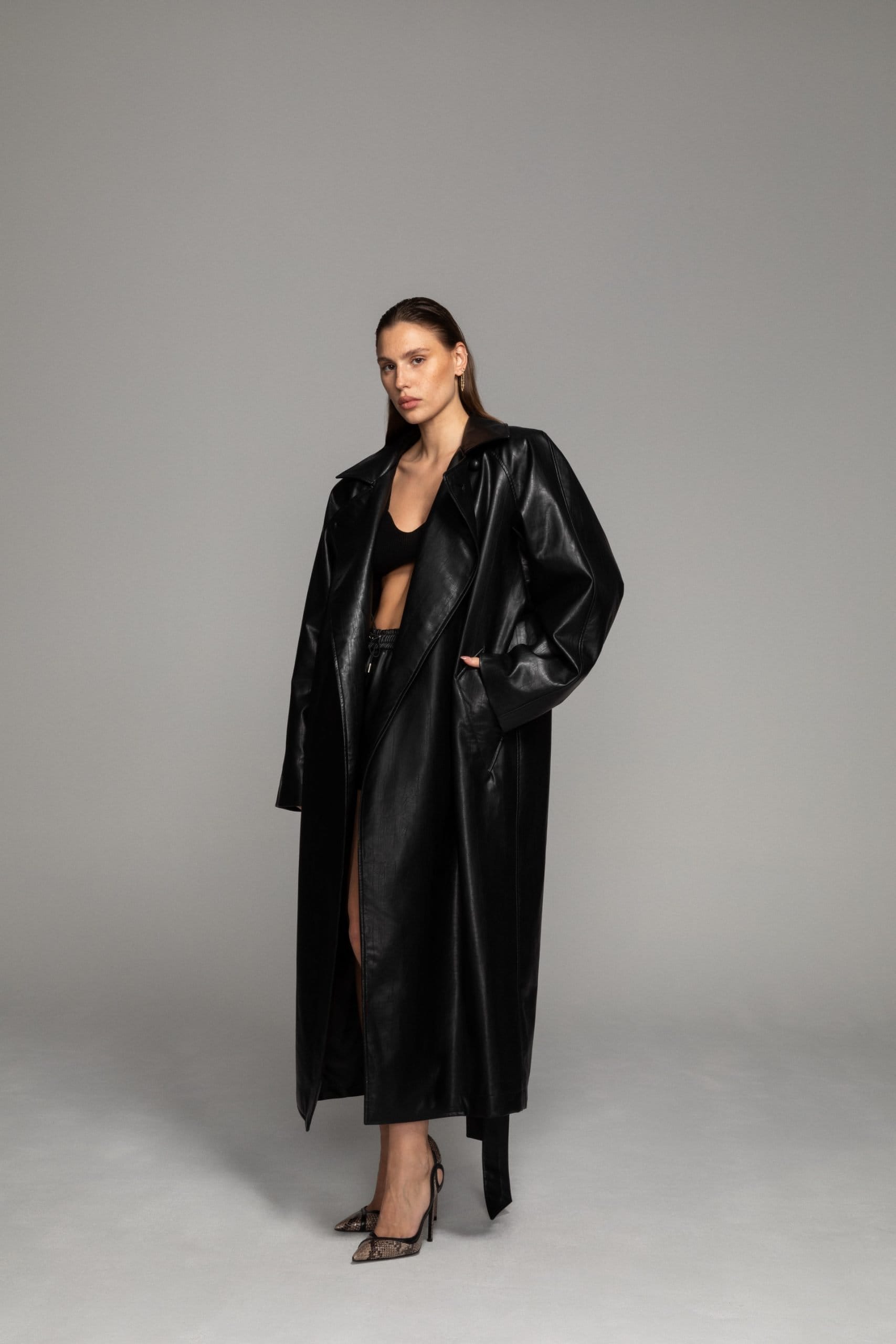 Vegan leather maxi trench coat made by AFTERHOURS