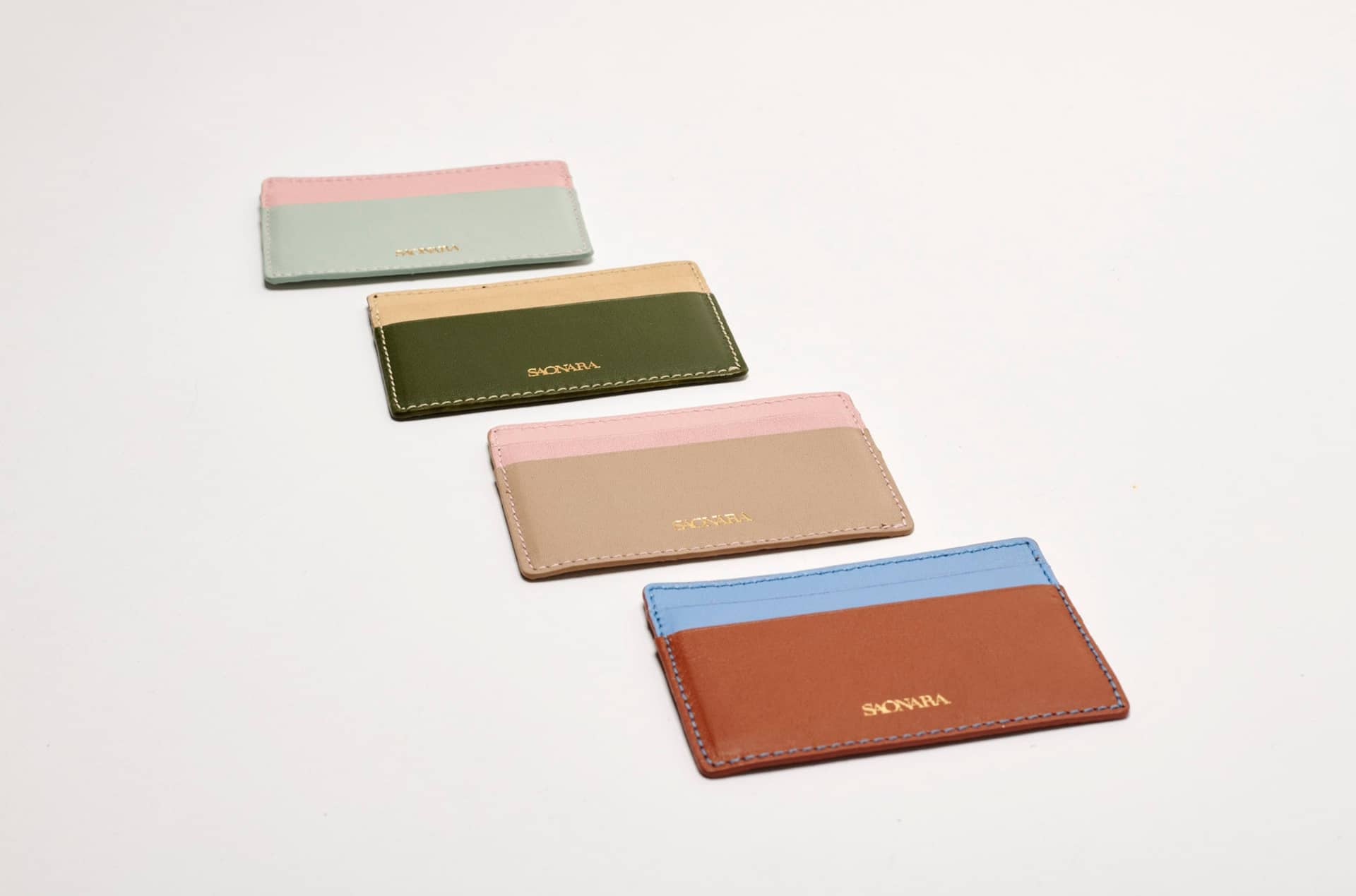SAONARA CARAMEL/BLUE SKY LEATHER CARD HOLDER made by Saonara