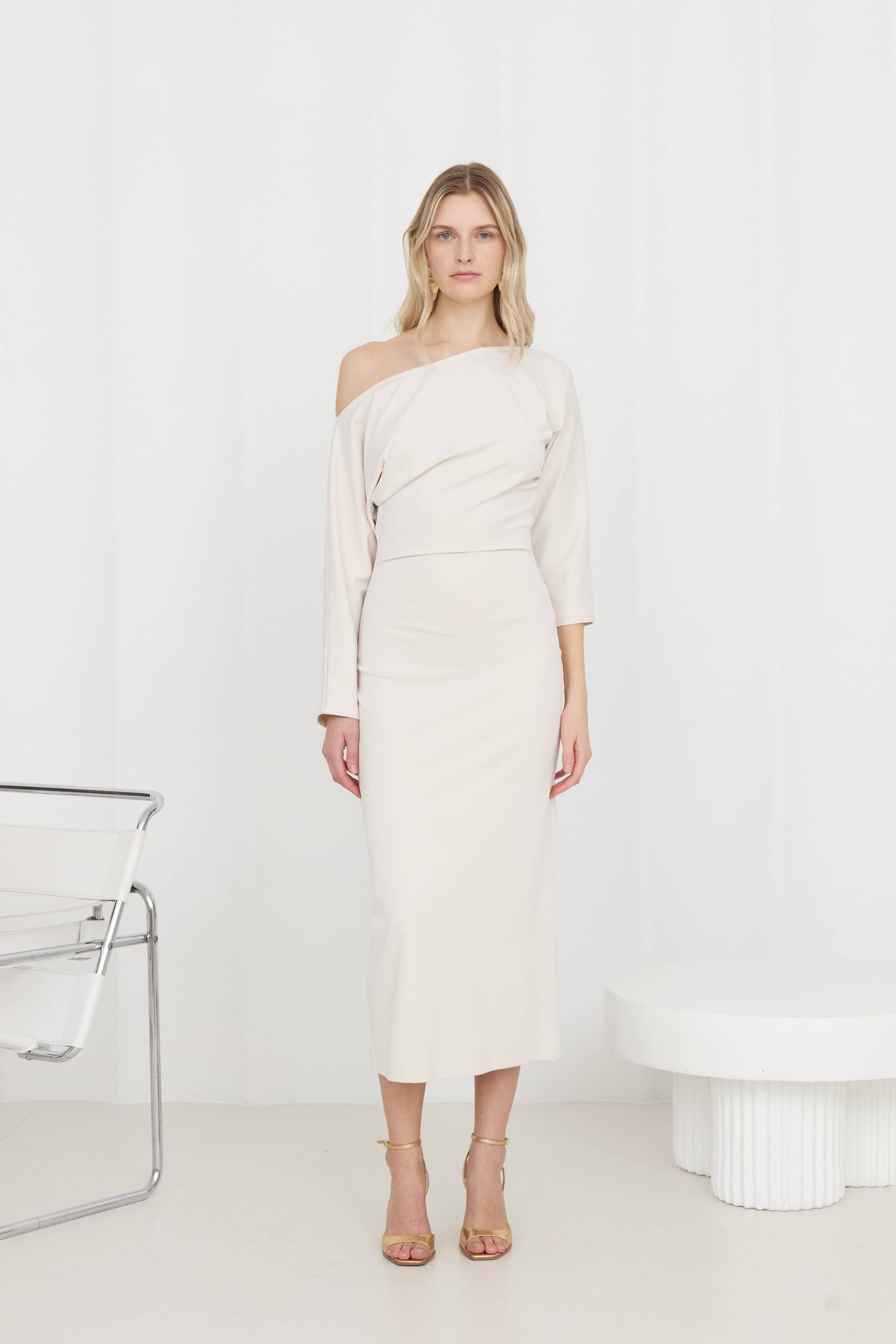 THEA White Off-Shoulder Jersey Midi Dress With Long Sleeves made by UNDRESS