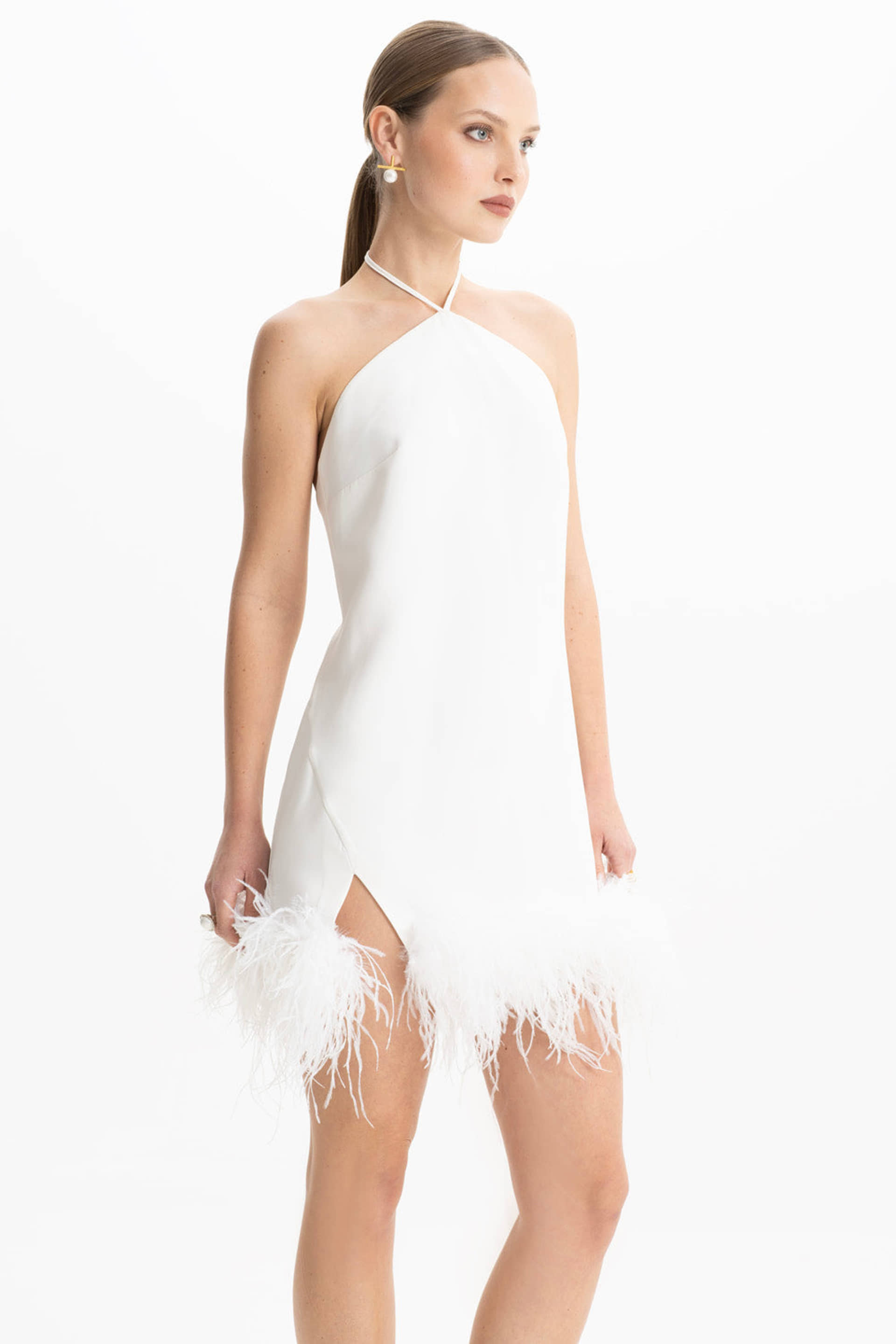 Keira White Halter Mini Feather Dress made by Lora Istanbul