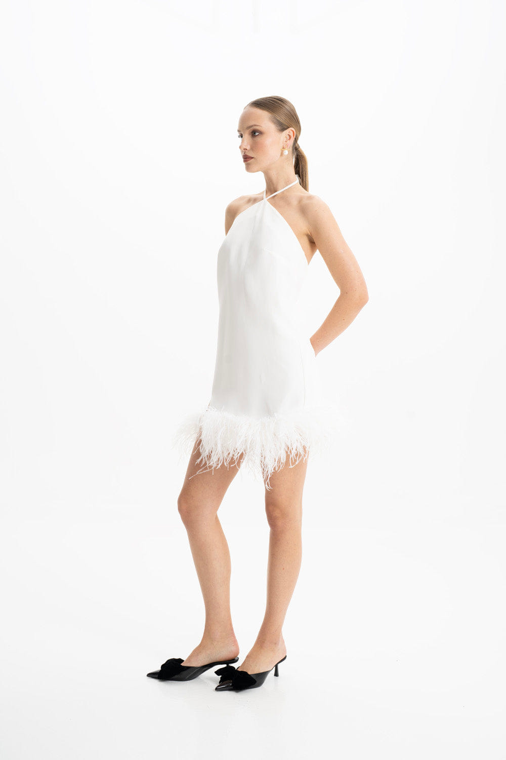 Keira White Halter Mini Feather Dress made by Lora Istanbul