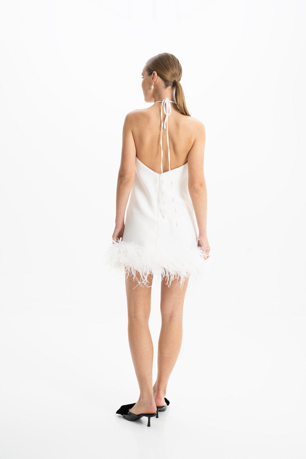 Keira White Halter Mini Feather Dress made by Lora Istanbul