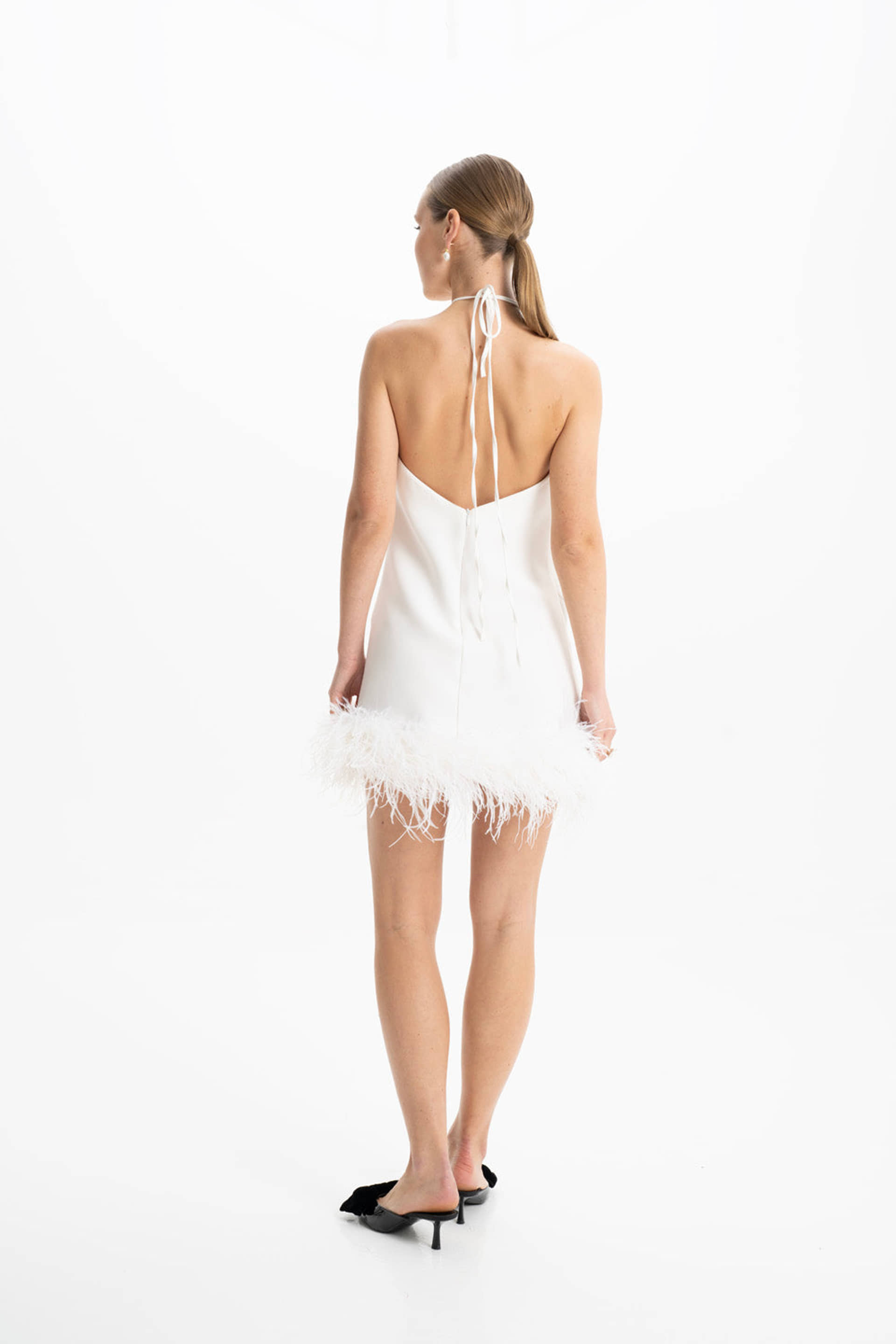 Keira White Halter Mini Feather Dress made by Lora Istanbul