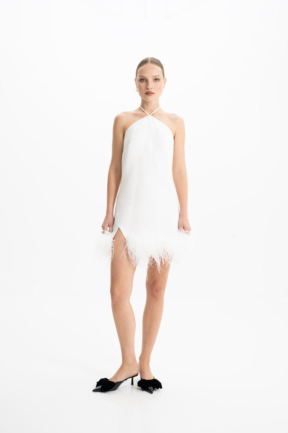 Keira White Halter Mini Feather Dress made by Lora Istanbul