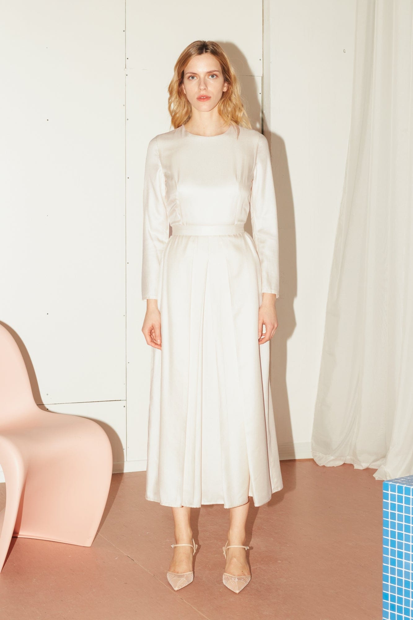 TILDA pastel cream classic pleated midi dress in White made by UNDRESS