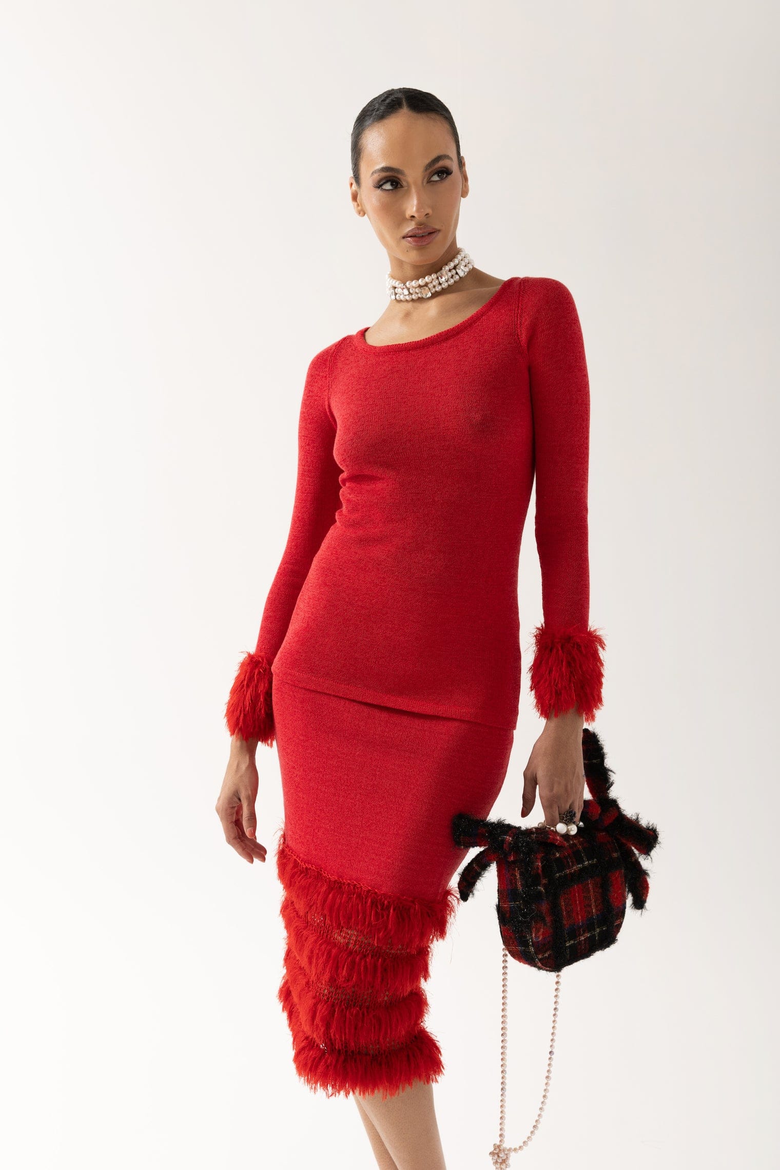 Red Knit Skirt With Handmade Knit Details made by ANDREEVA