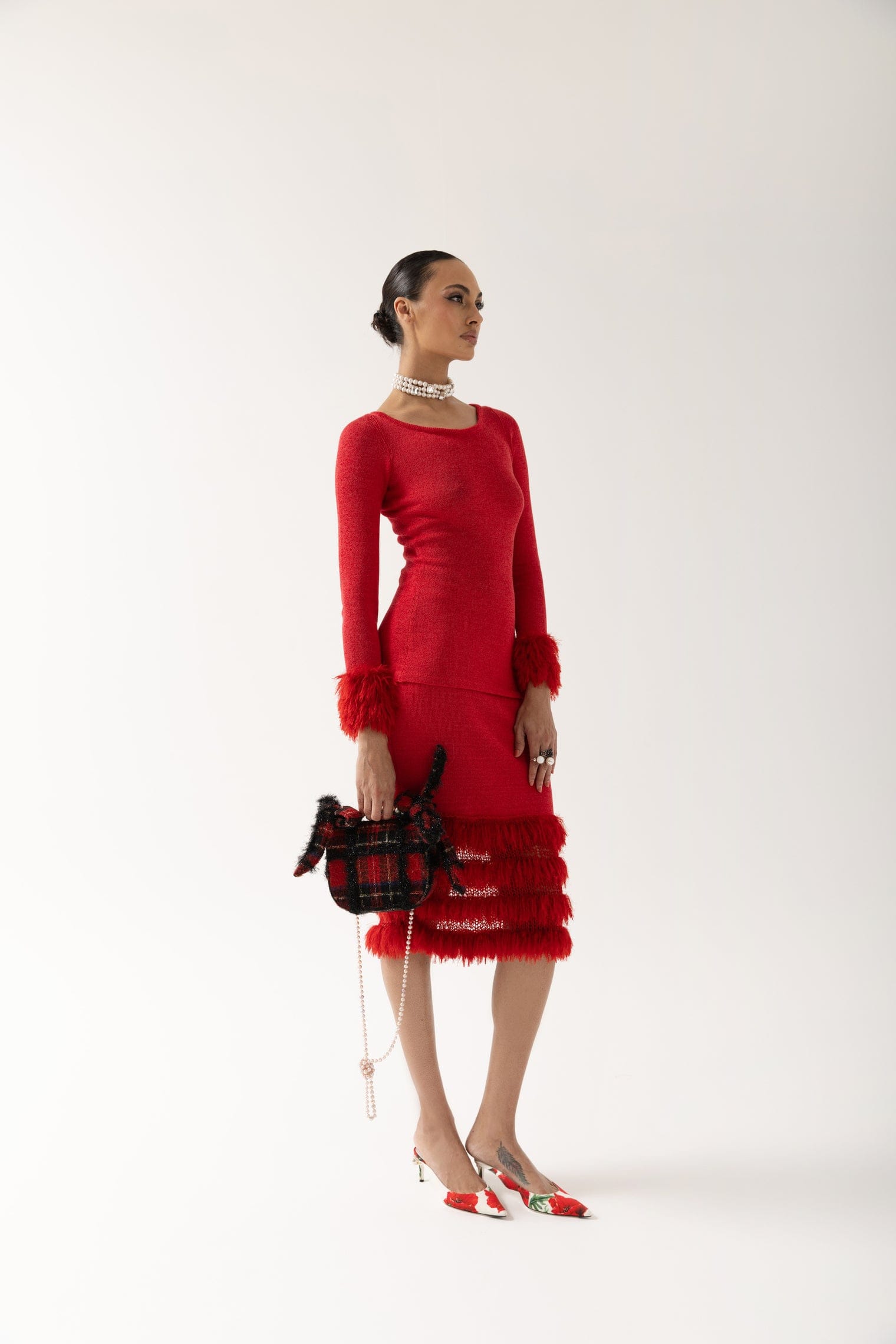 Red Knit Skirt With Handmade Knit Details made by ANDREEVA