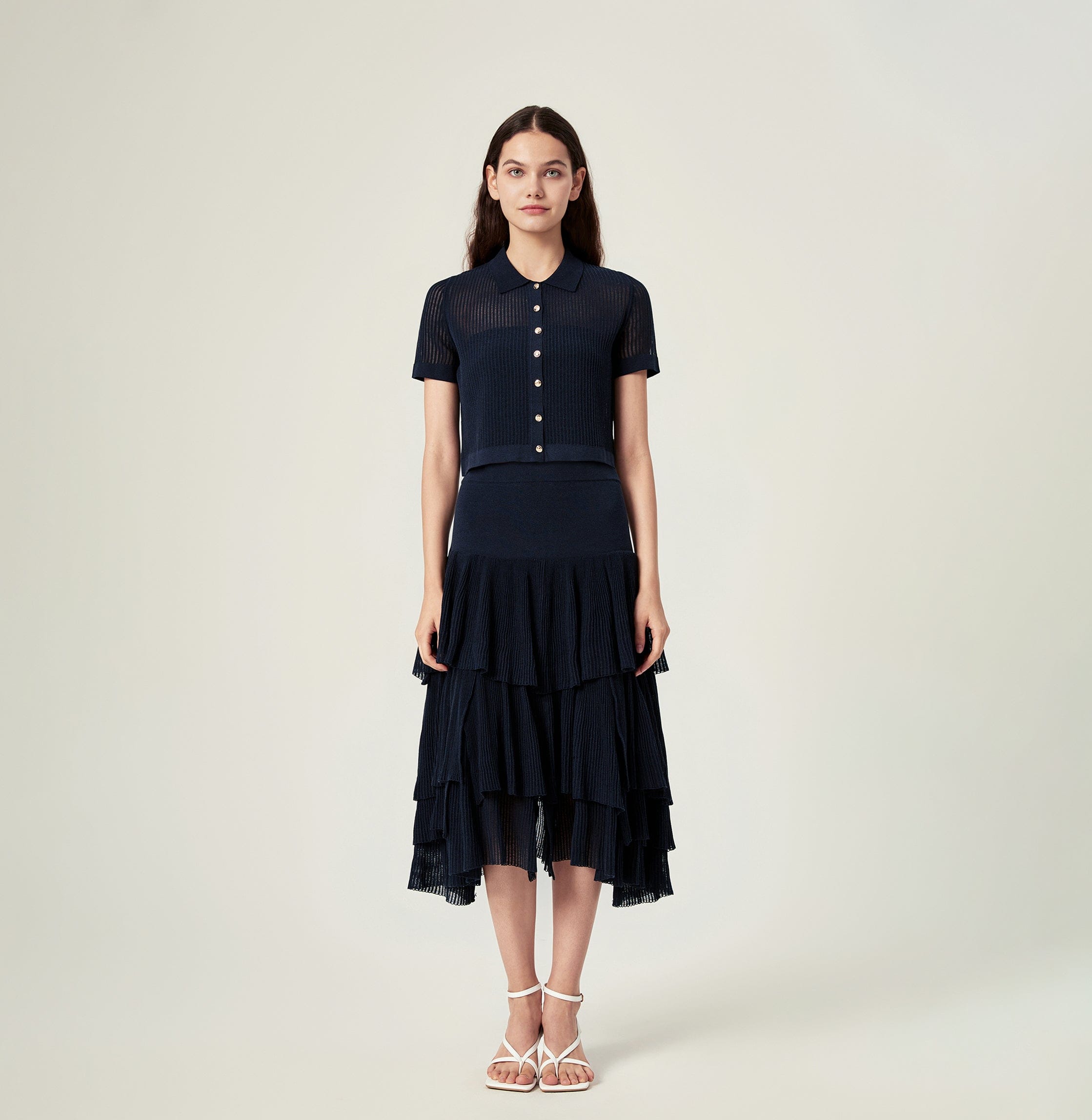 STRIPED HOLLOW OUT POLO CARDIGAN in Blue made by CRUSH Collection