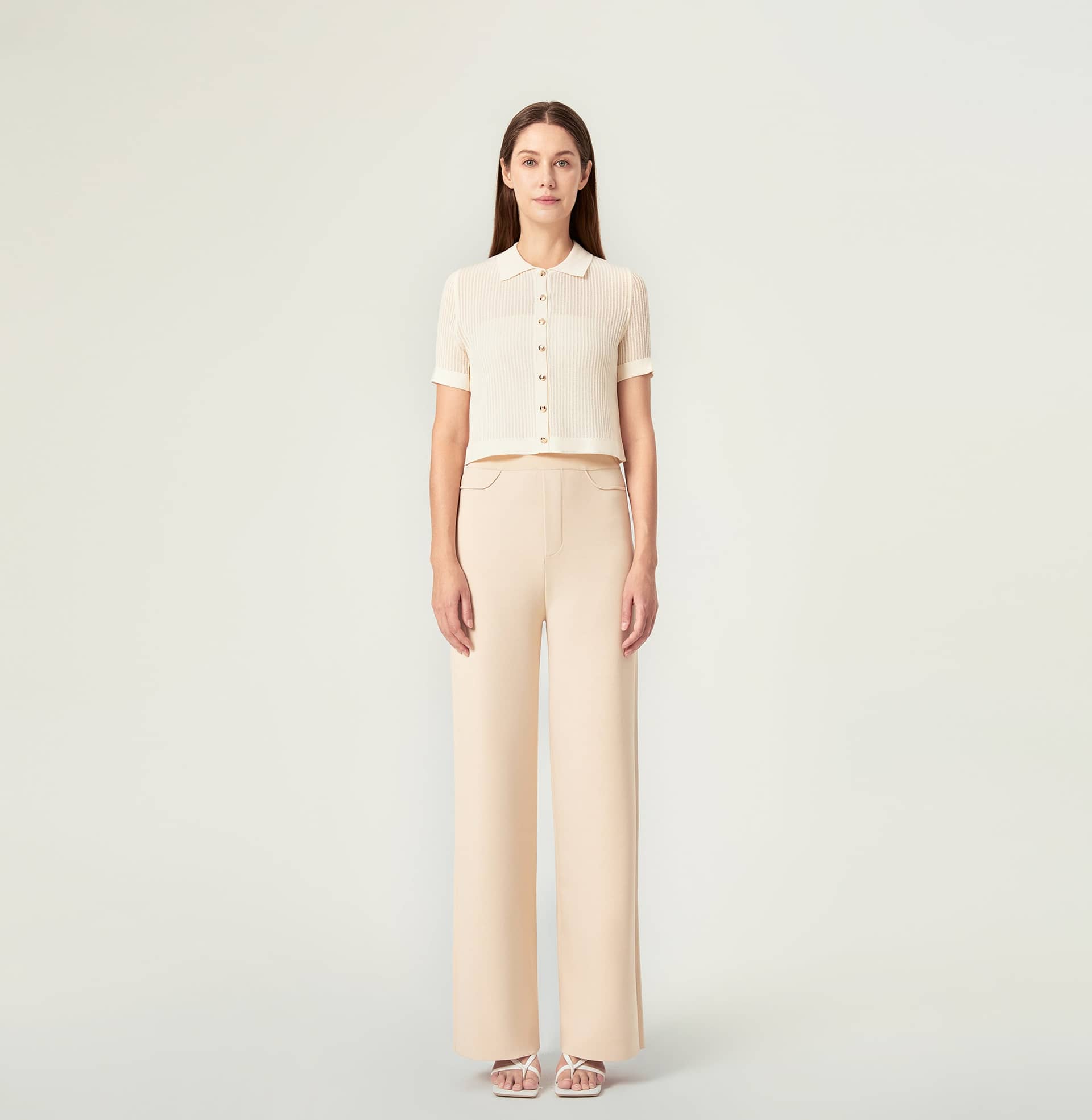 STRIPED HOLLOW OUT POLO CARDIGAN in Beige made by CRUSH Collection