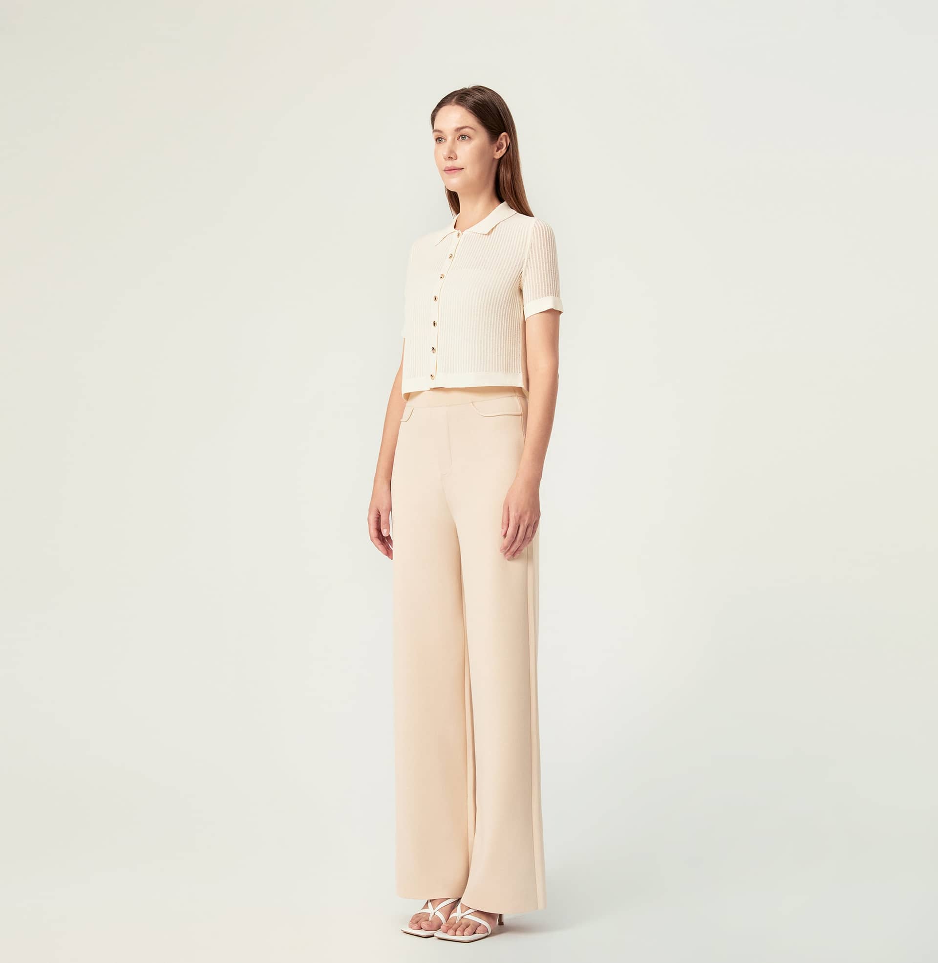 STRIPED HOLLOW OUT POLO CARDIGAN in Beige made by CRUSH Collection