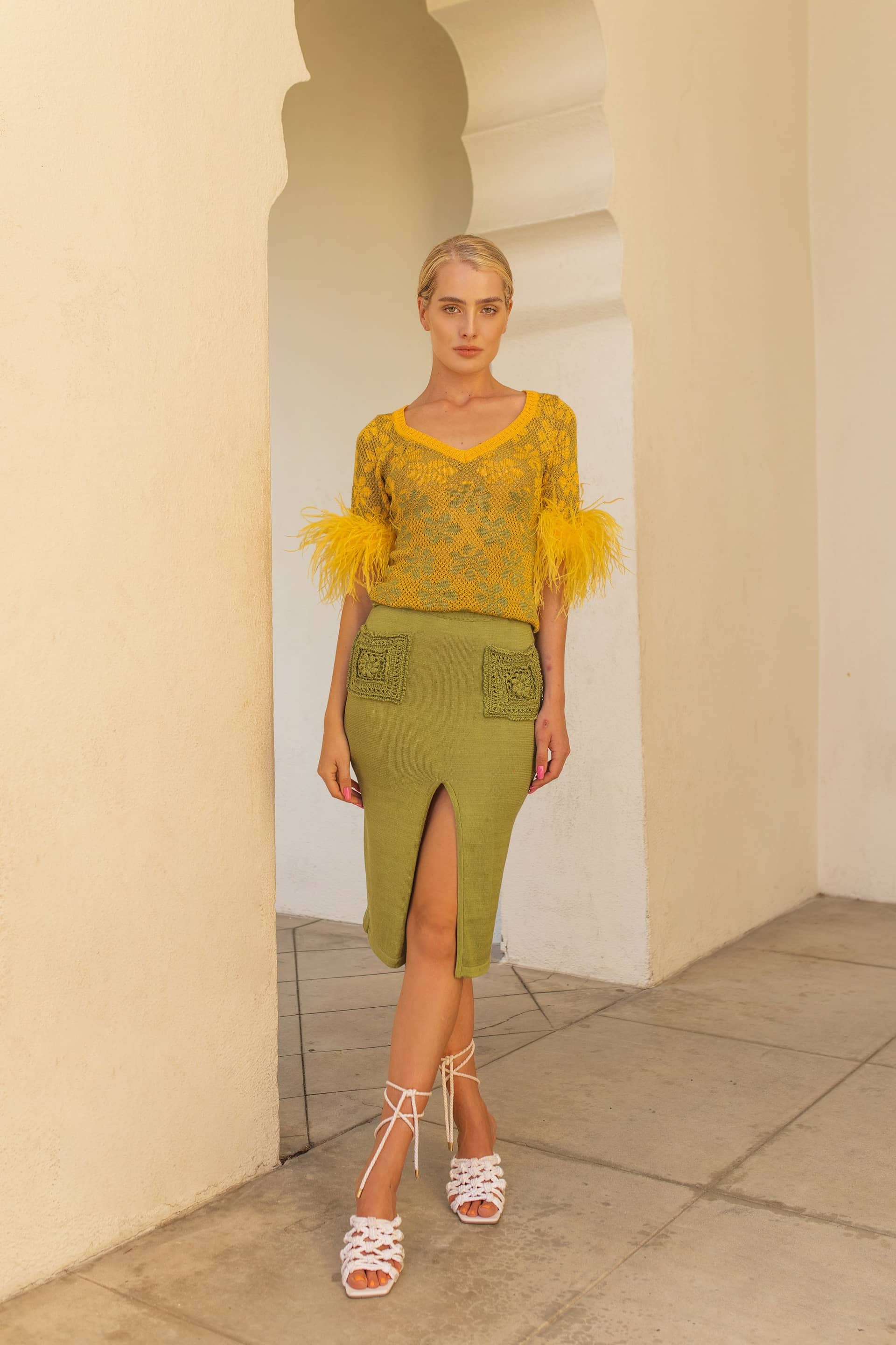 Green Flower Top With Feathers made by ANDREEVA