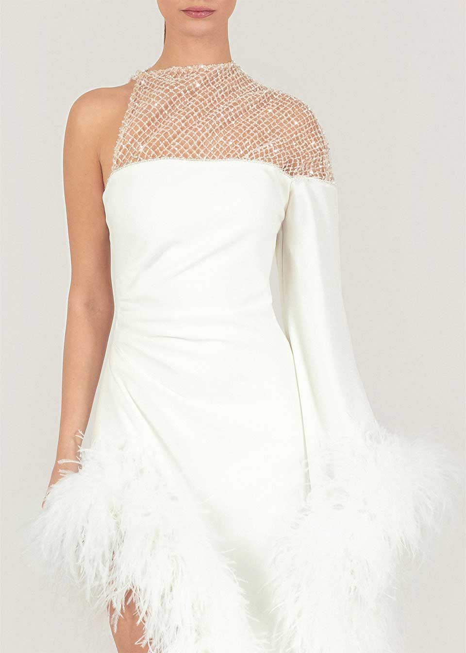 Luxury feather-trim crepe dress made by Monika Dimova