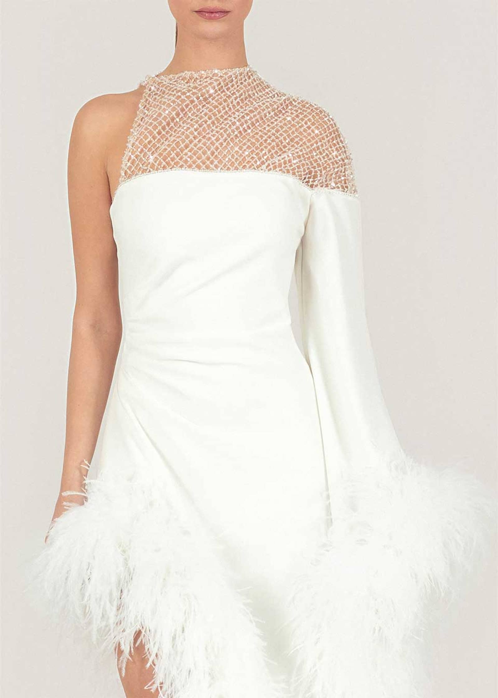 Luxury feather-trim crepe dress made by Monika Dimova